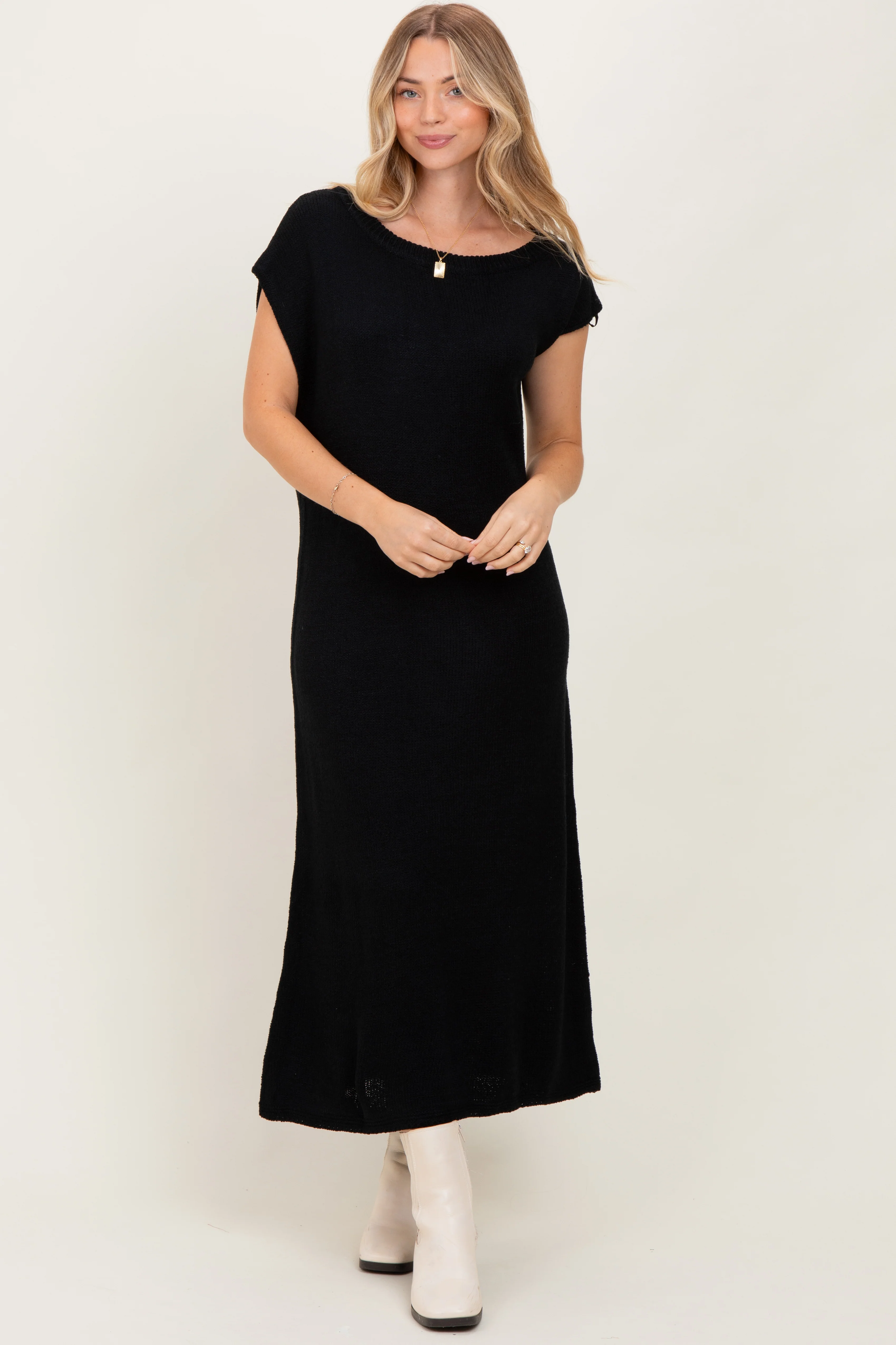 Black Short Sleeve Maternity Maxi Sweater Dress - Image 3