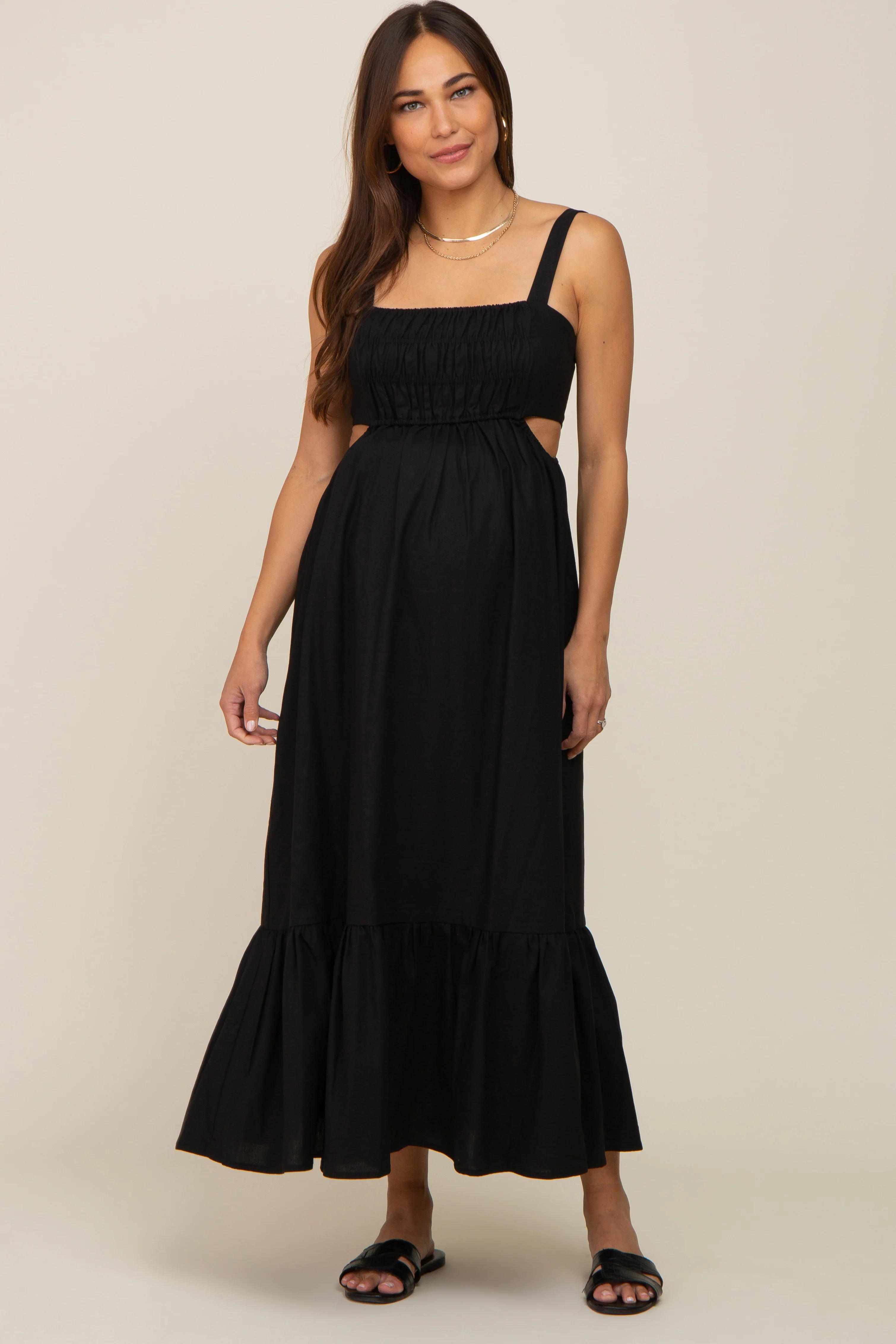 Black Sleeveless Cutout Ruffle Hem Maternity Maxi Dress - Image 5