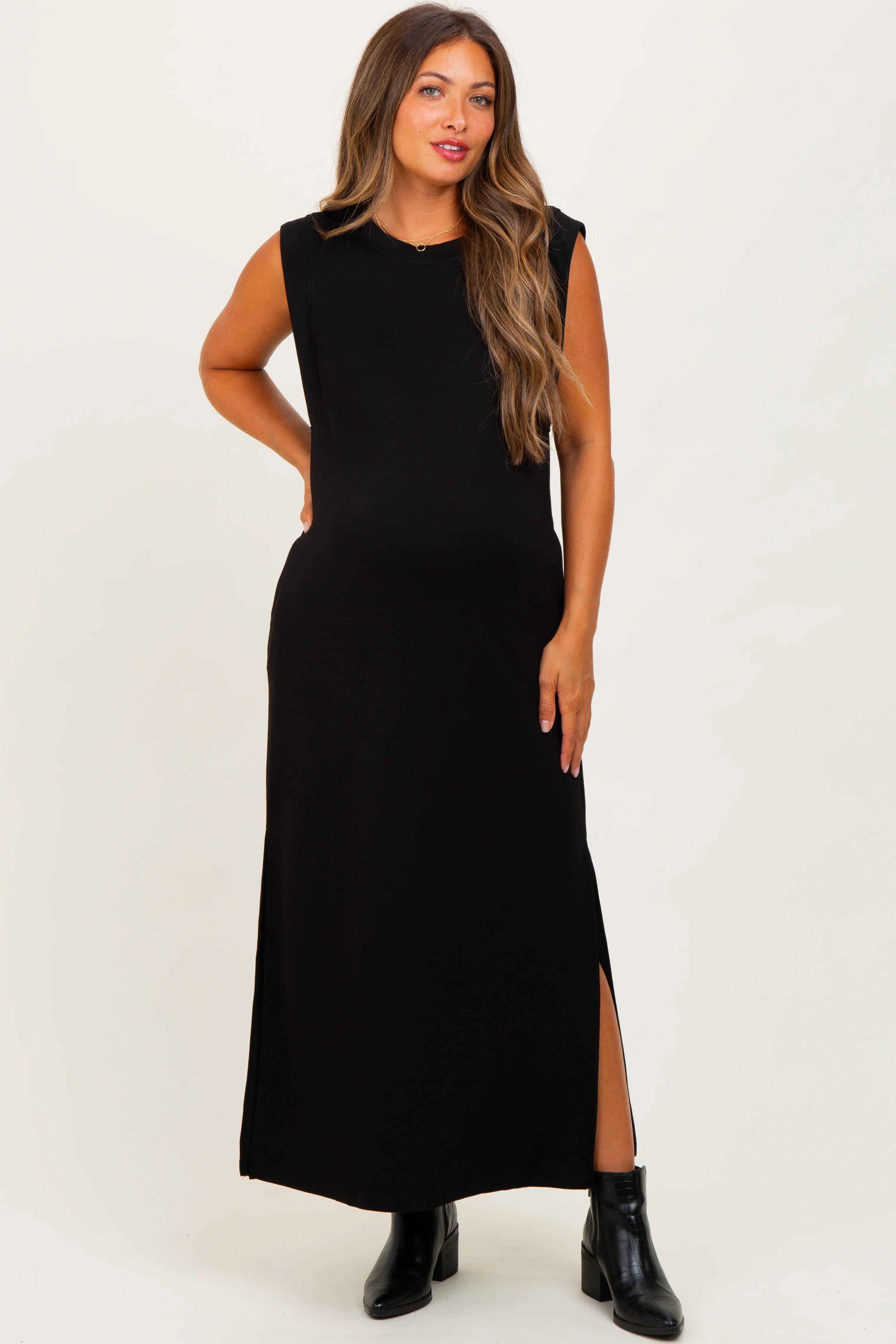Black Sleeveless Side Slit Maternity Midi Dress - Image 3