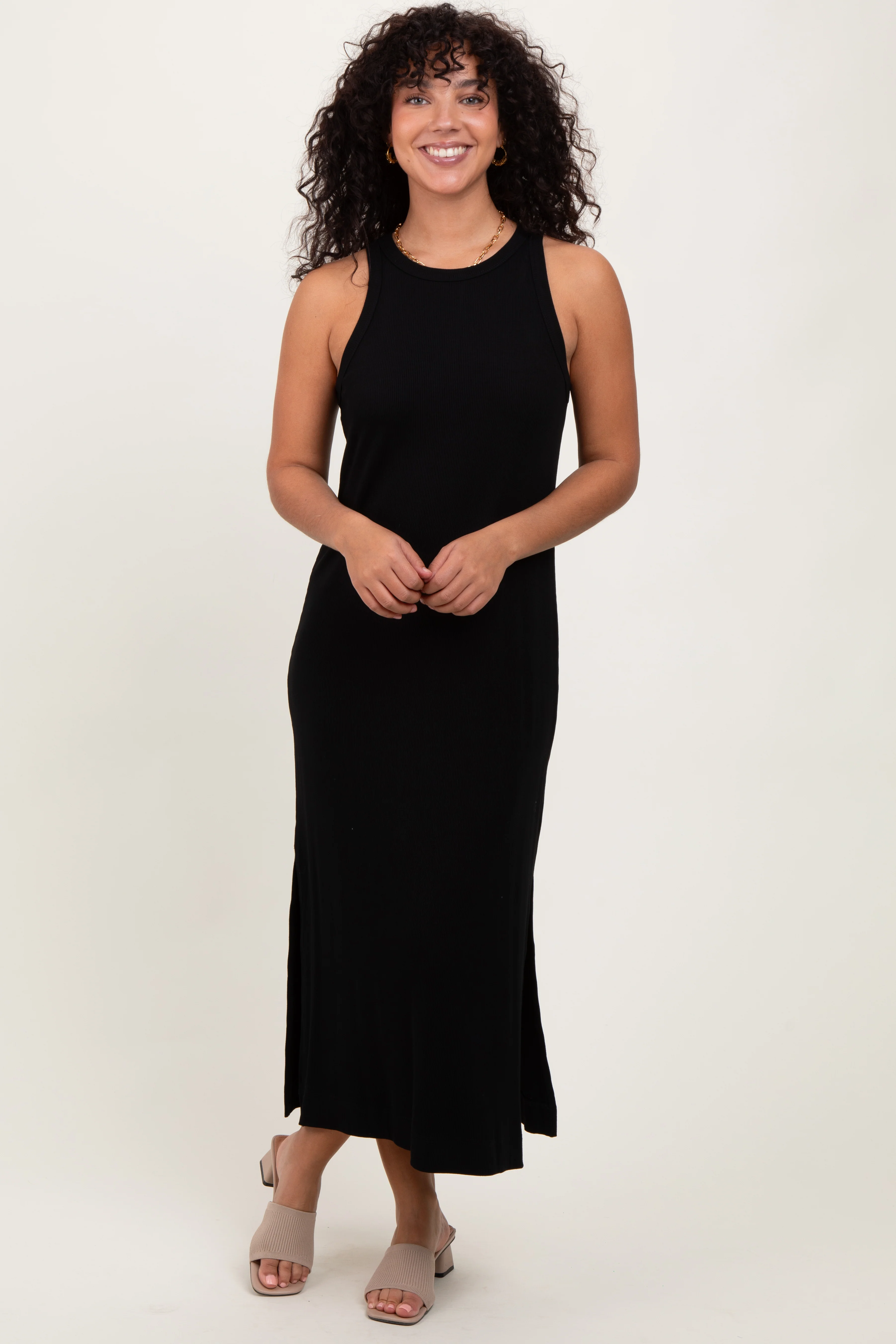 Black Sleeveless Side Slit Maternity Midi Dress - Image 5