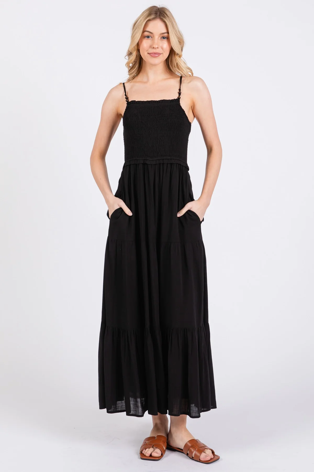 Black Smocked Bead Detail Strap Maternity Midi Dress - Image 4
