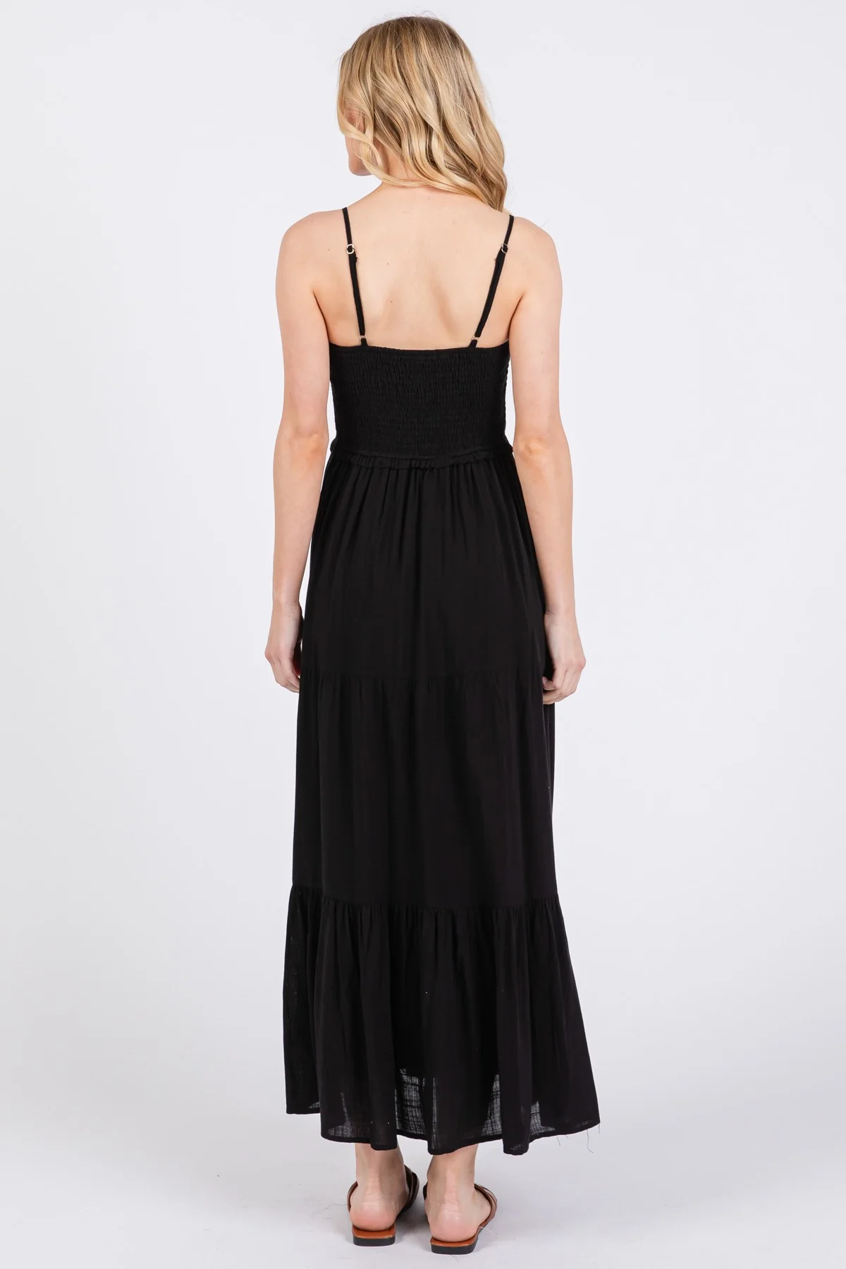 Black Smocked Bead Detail Strap Midi Dress - Image 3