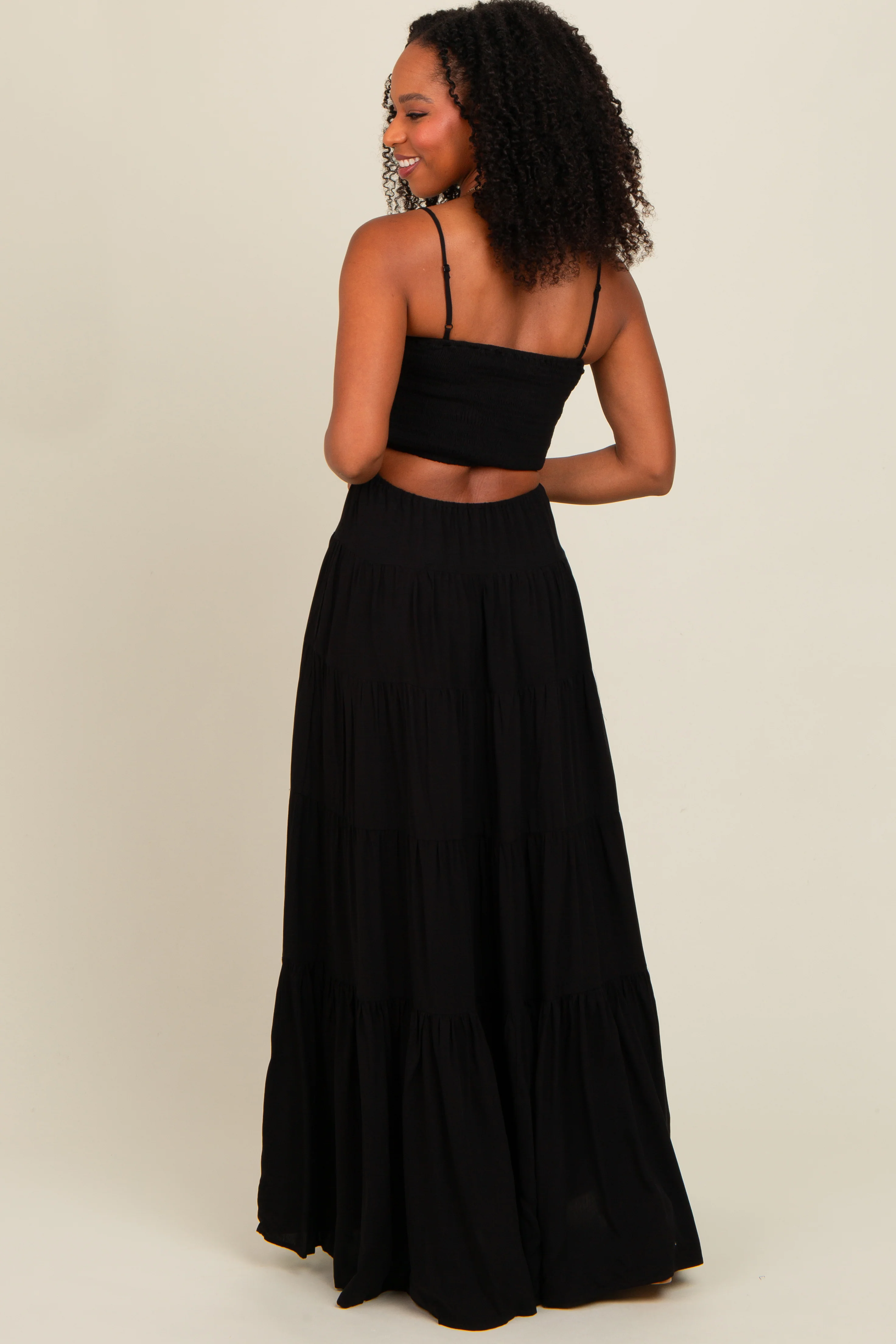 Black Smocked Cutout Maxi Dress - Image 4