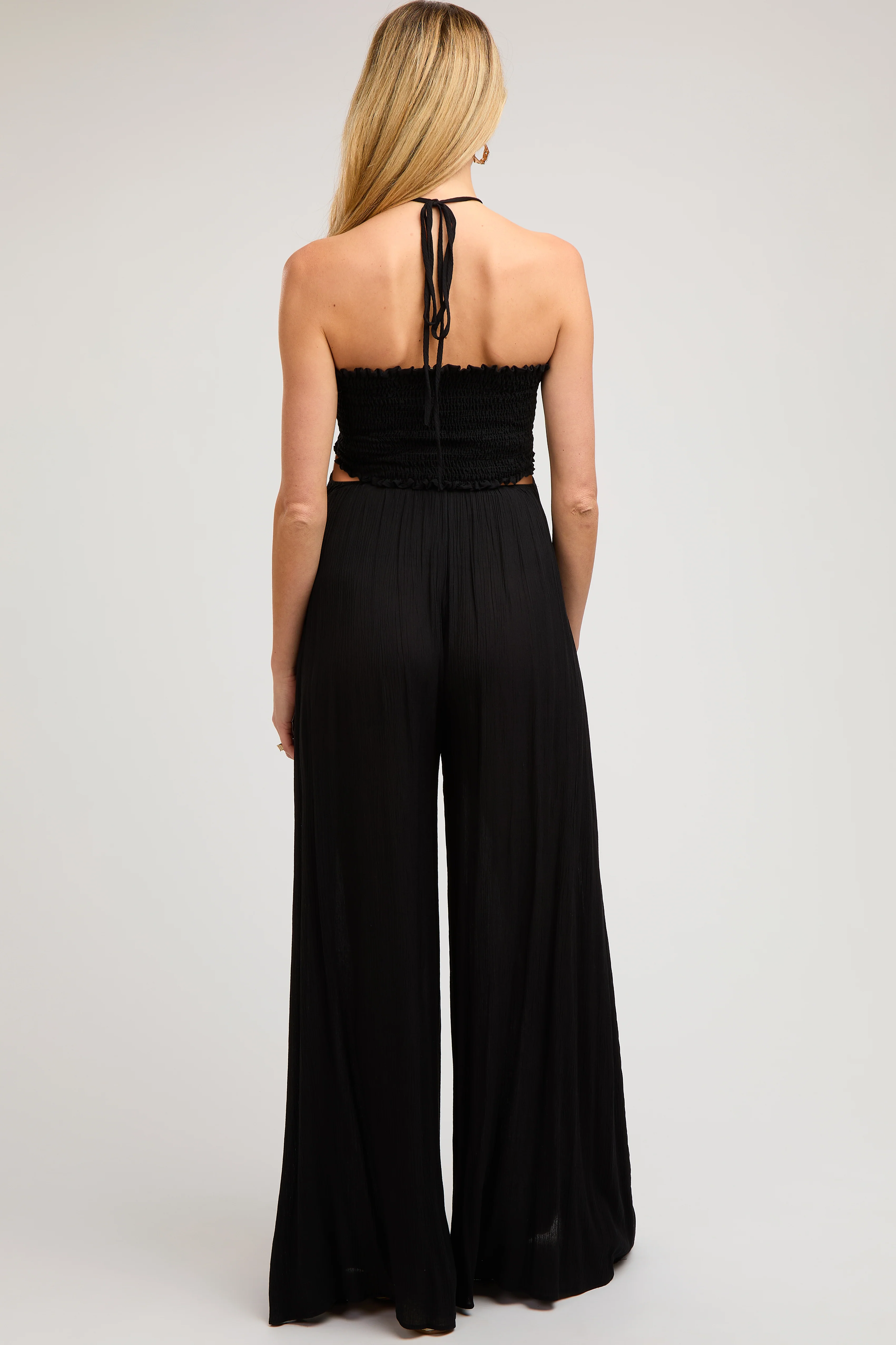 Black Smocked Drawstring Halter Side Cutout Maternity Jumpsuit - Image 3
