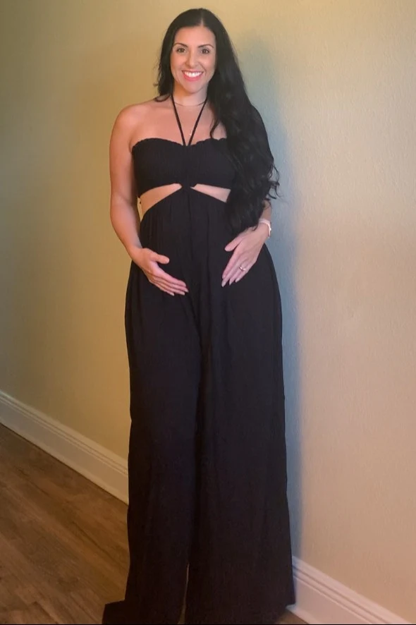 Black Smocked Drawstring Halter Side Cutout Maternity Jumpsuit - Image 4