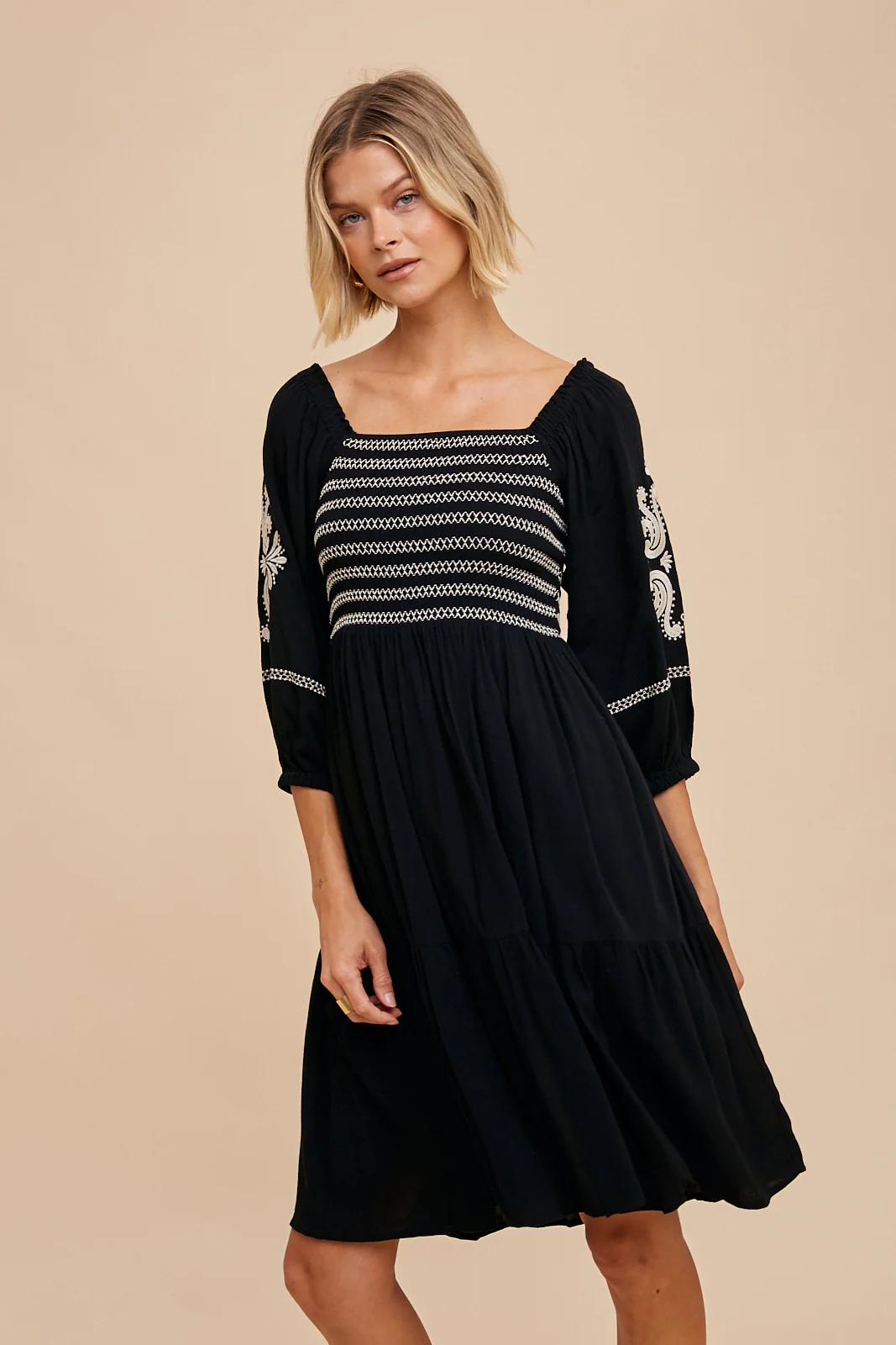 Black Smocked Embroidered Damask Dress - Image 2