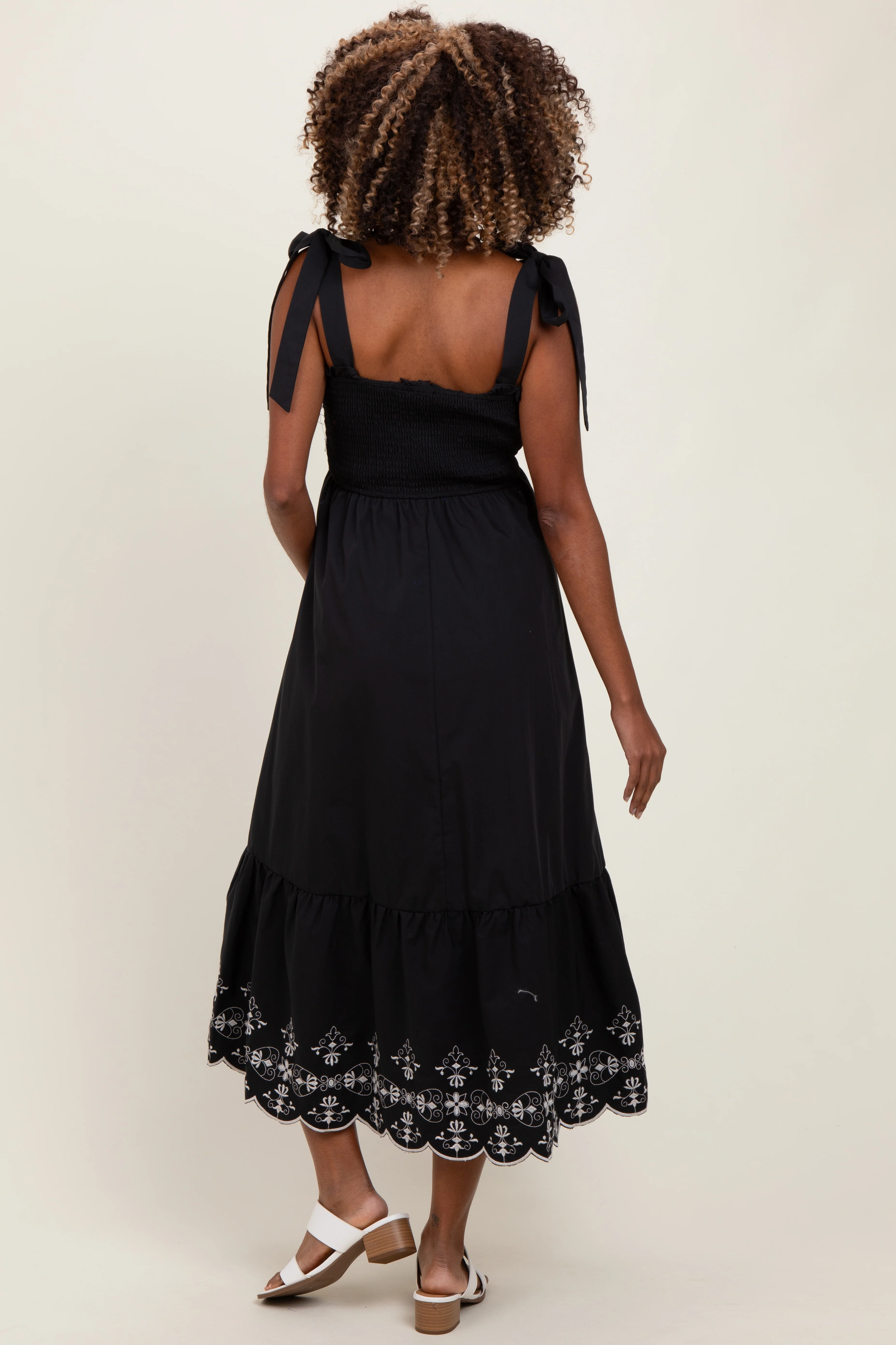 Black Smocked Embroidered Shoulder Tie Maternity Midi Dress - Image 3