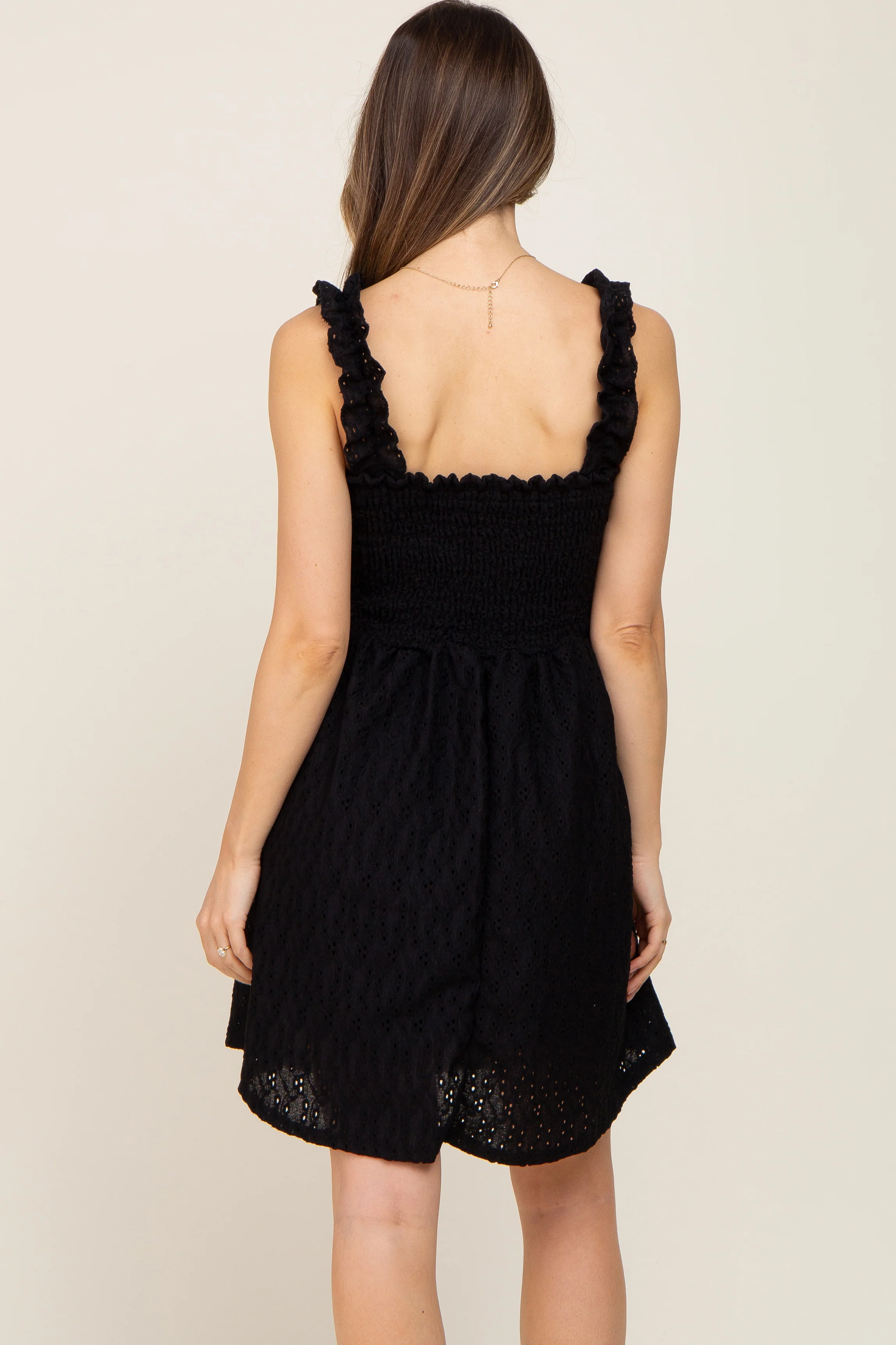 Black Smocked Eyelet Maternity Dress - Image 4