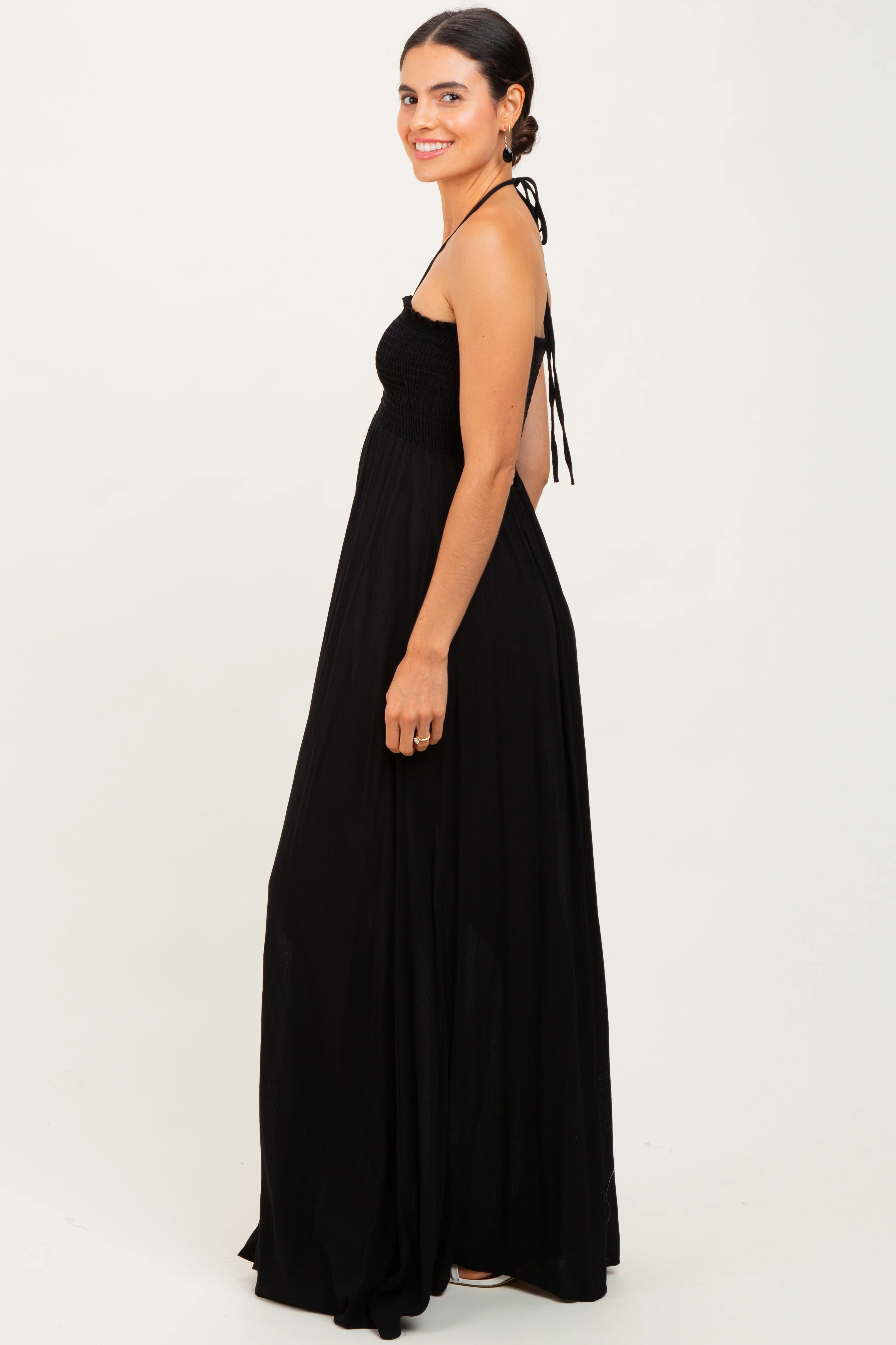 Black Smocked Halter Maxi Dress - Image 3