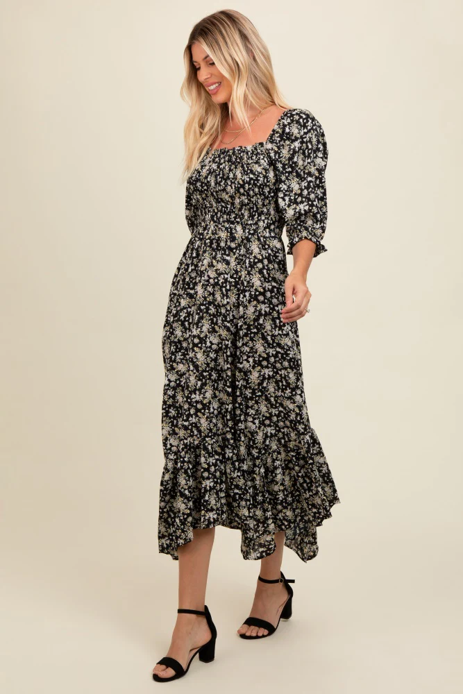Black Smocked Handkerchief Hem Dress - Image 3