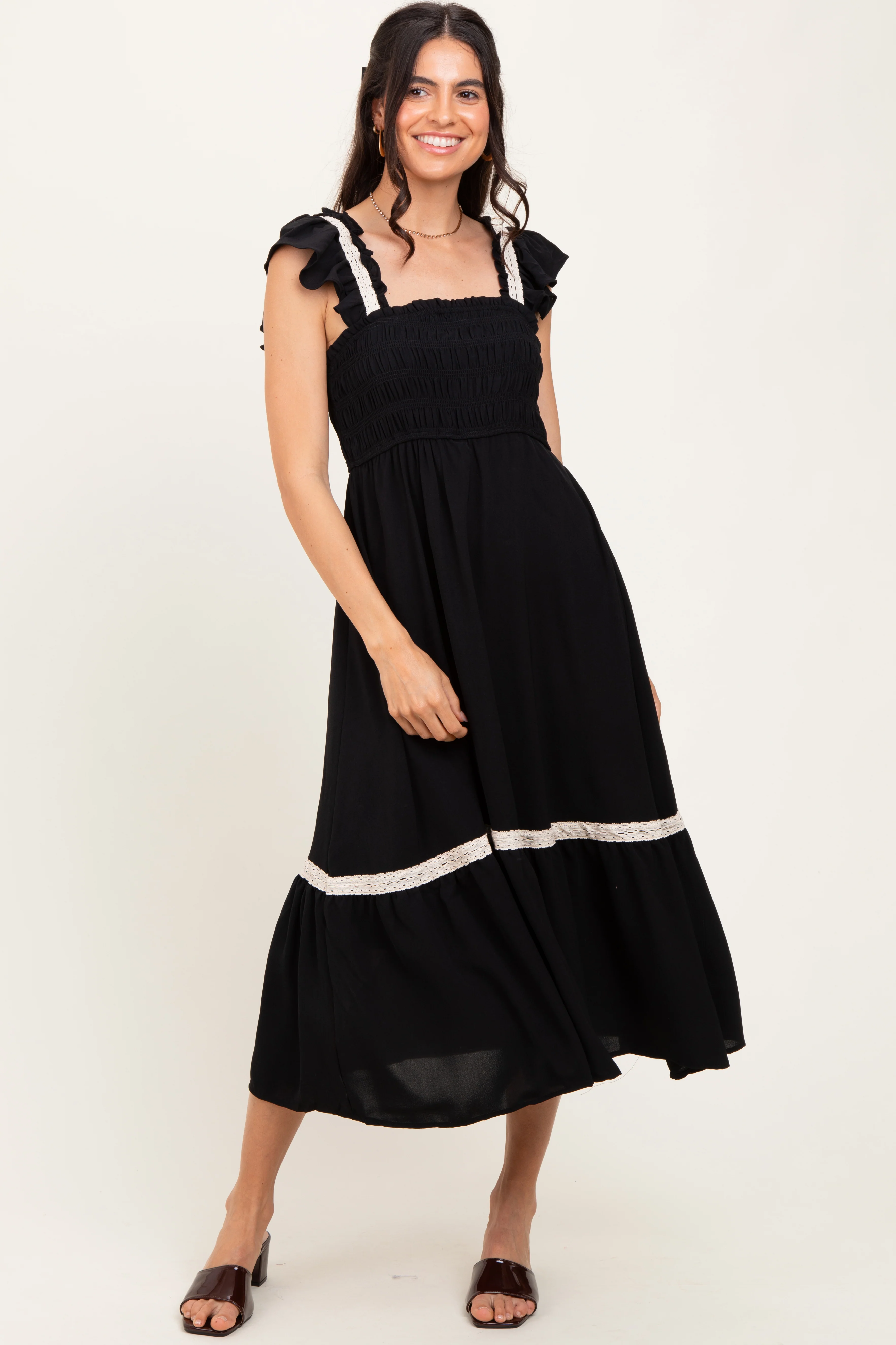 Black Smocked Lace Detail Maternity Midi Dress - Image 4