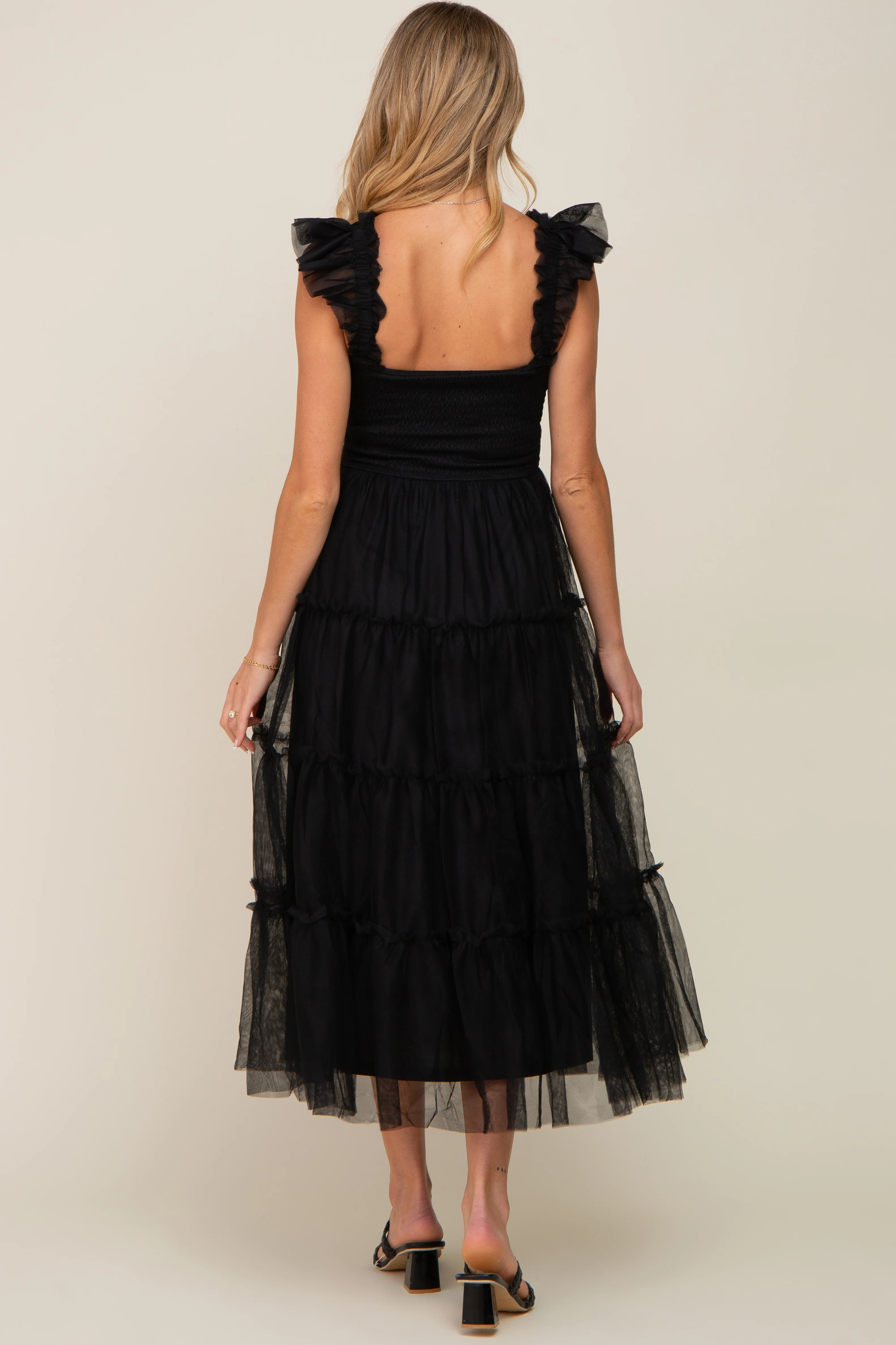 Black Smocked Mesh Ruffle Accent Maternity Midi Dress - Image 4