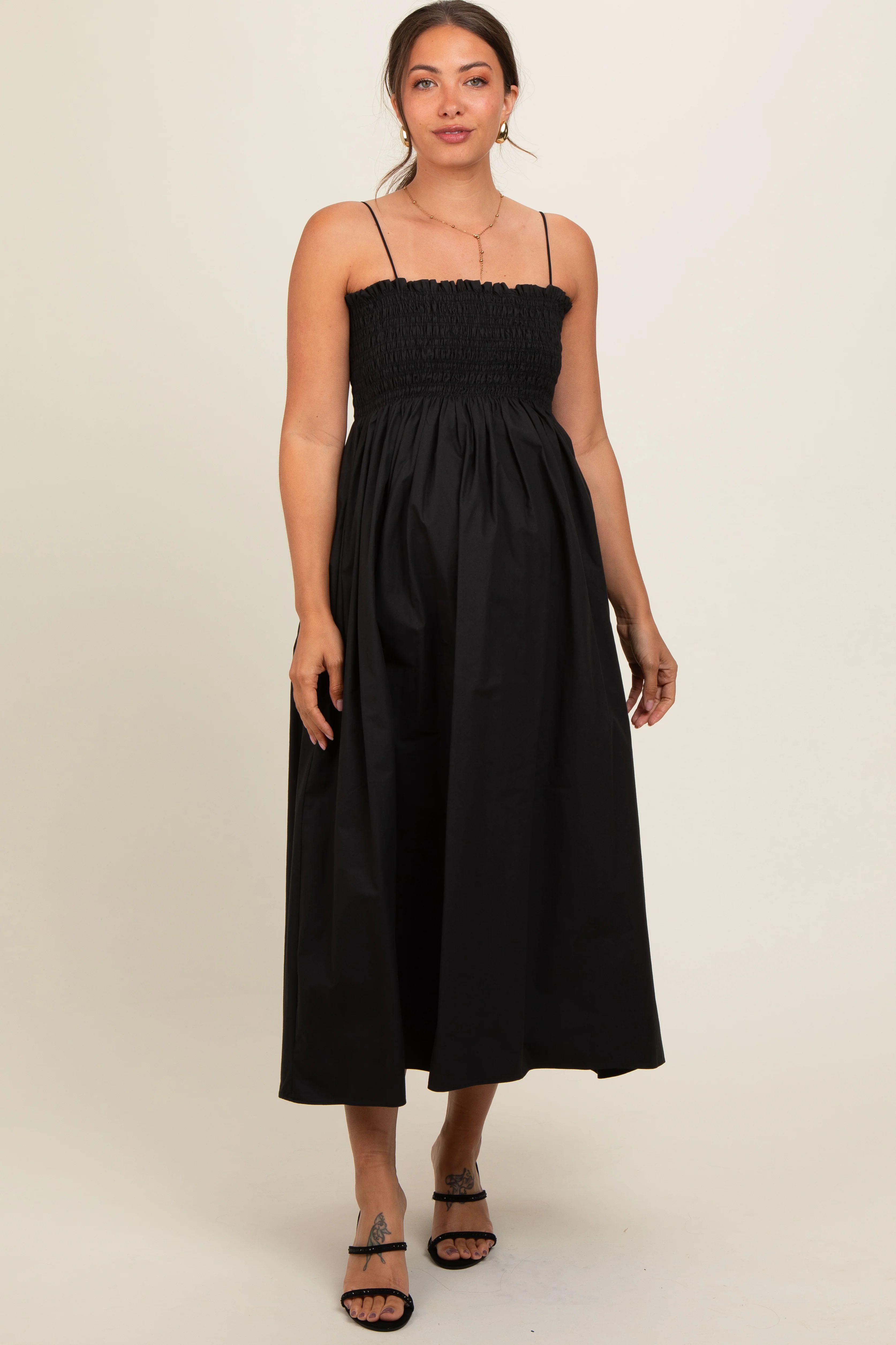 Black Smocked Pocketed Maternity Midi Dress - Image 2