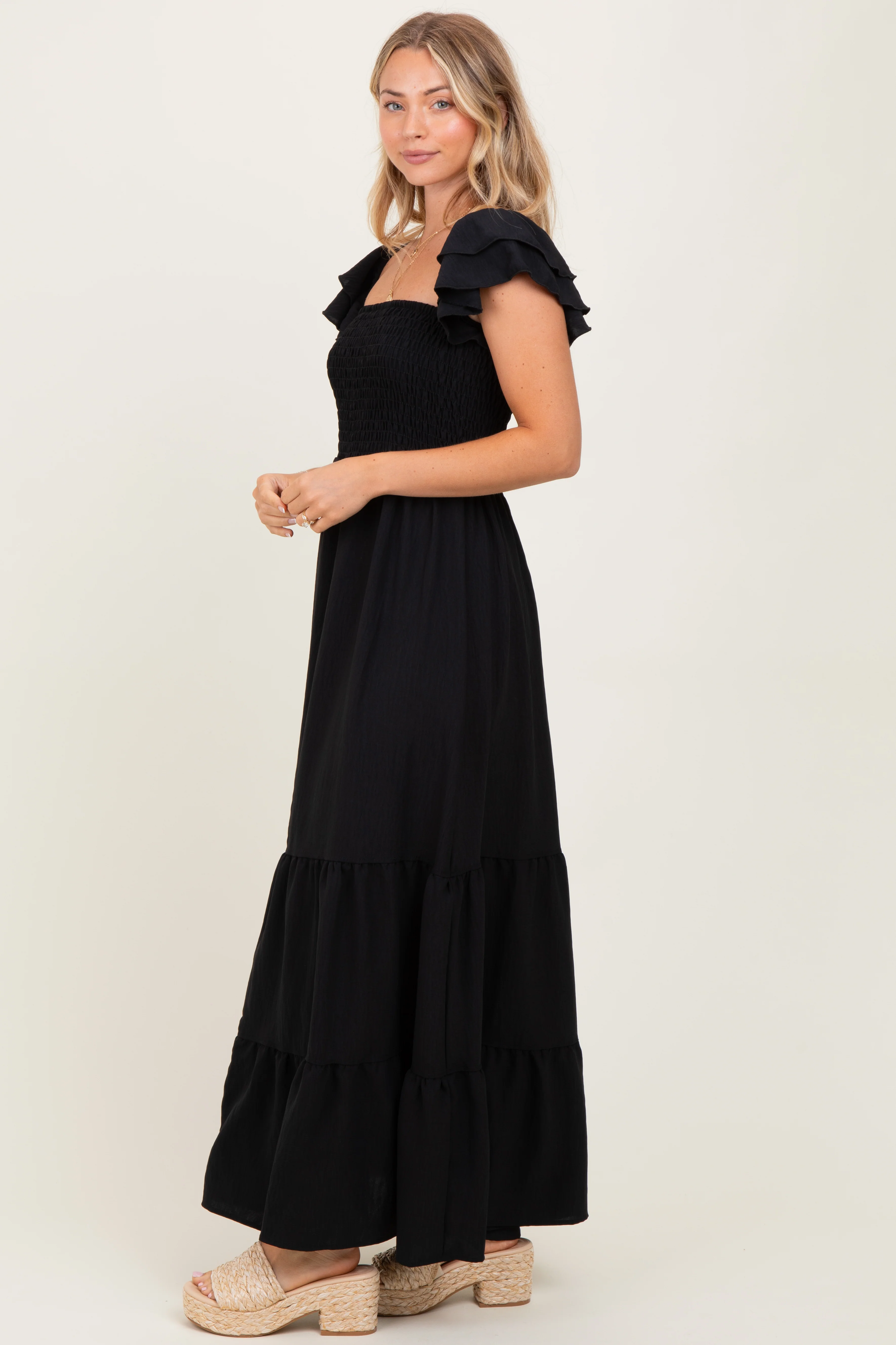 Black Smocked Ruffle Off Shoulder Tiered Maxi Dress - Image 3