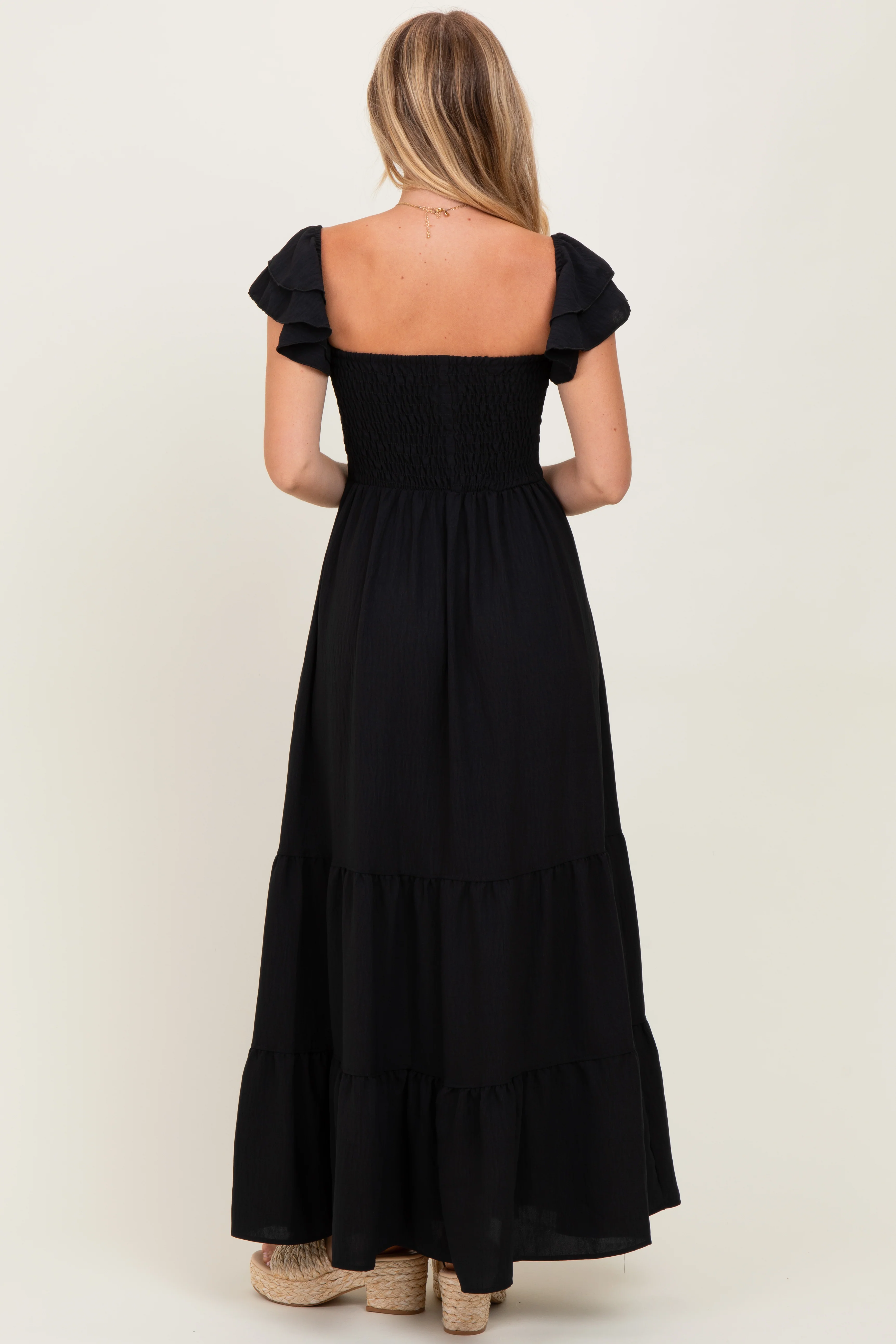 Black Smocked Ruffle Off Shoulder Tiered Maxi Dress - Image 4