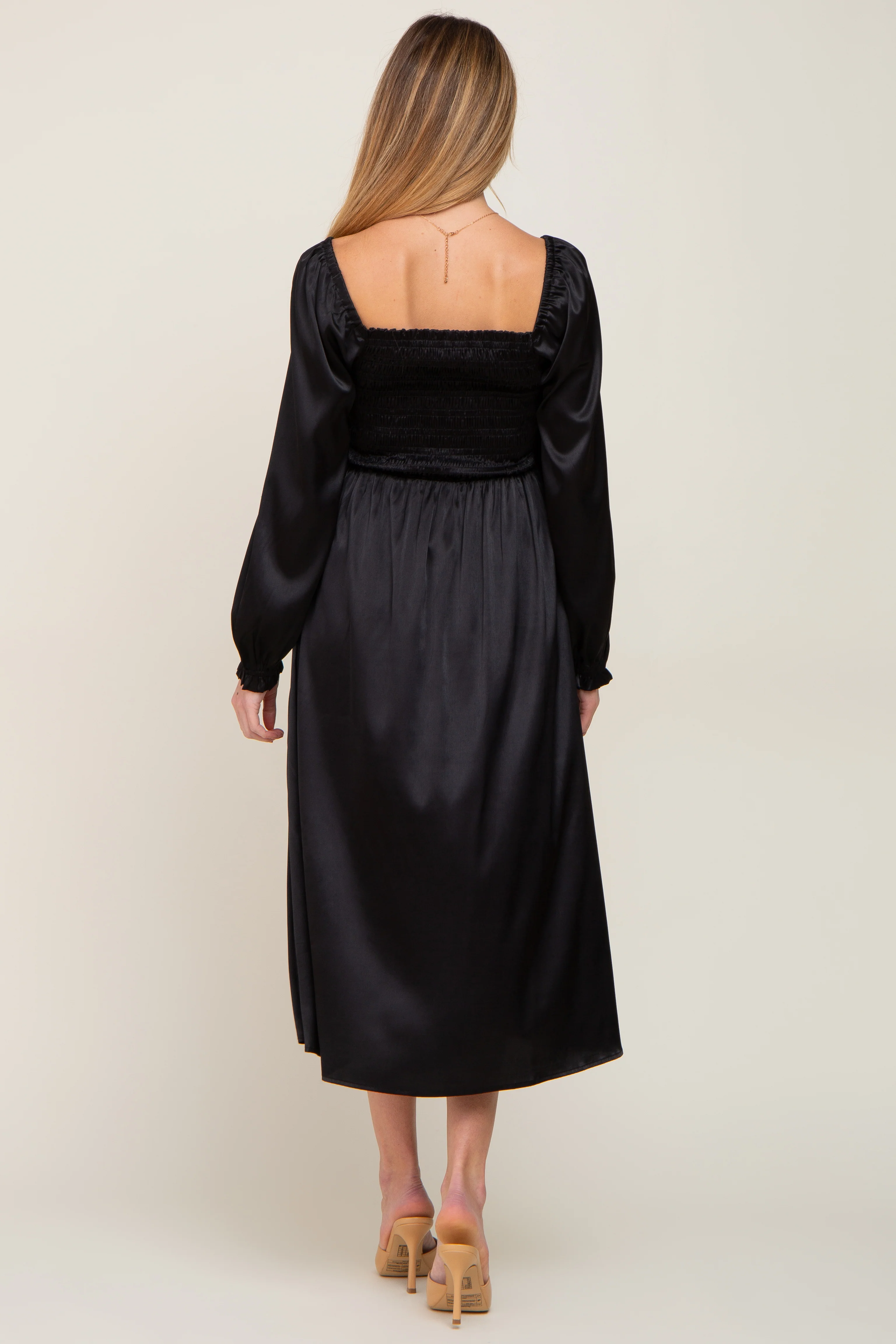 Black Smocked Square Neck Satin Maternity Midi Dress - Image 3