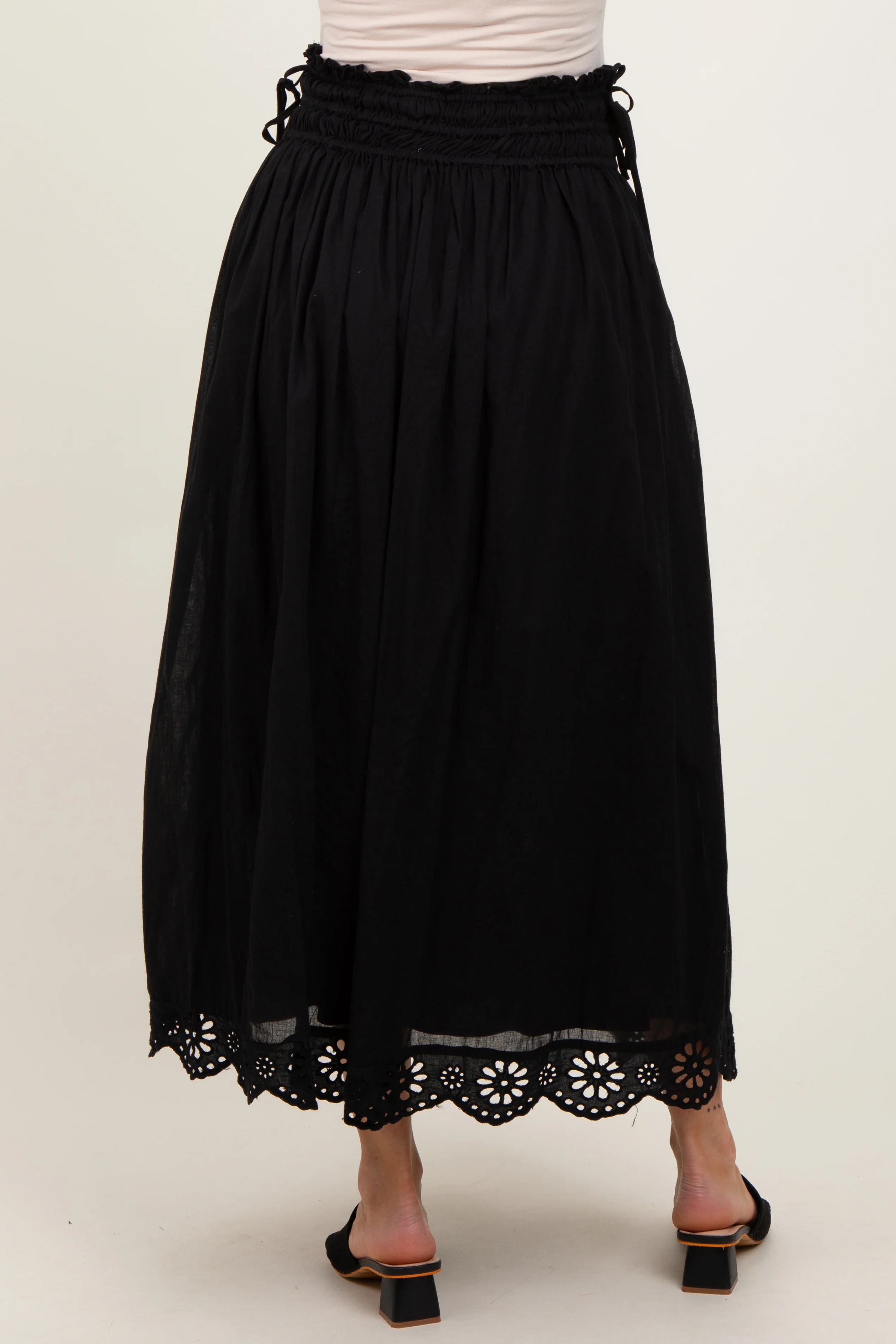 Black Smocked Waist Eyelet Lace Hem Maternity Maxi Skirt - Image 5