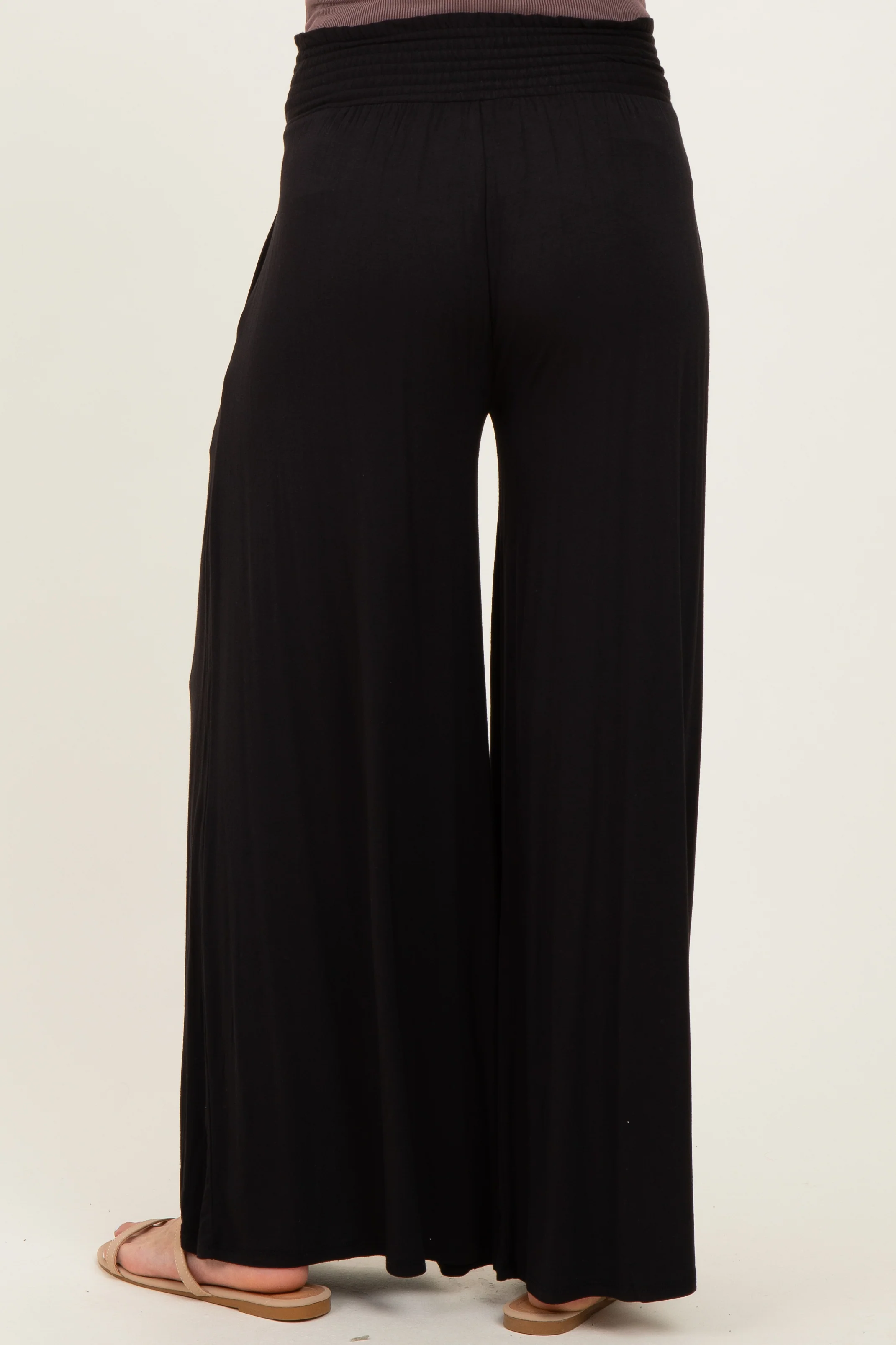 Black Smocked Waist Wide Leg Maternity Pants - Image 5