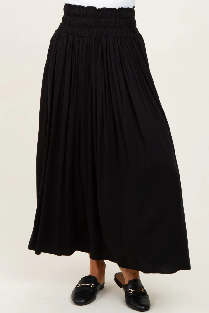 Black Smocked Waistband Pleated Maxi Skirt - Image 3