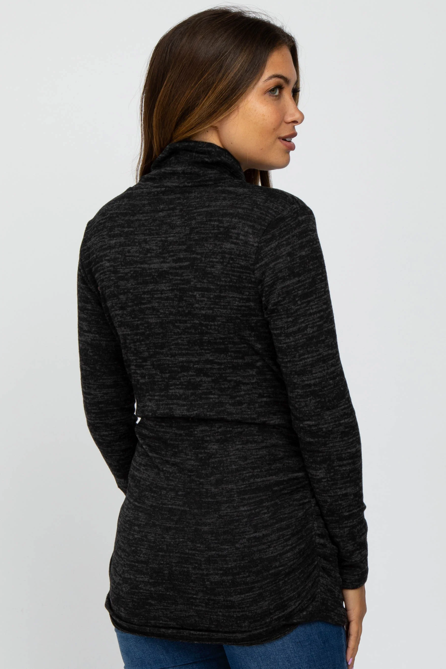 Black Soft Heathered Draped Wrap Maternity/Nursing Top - Image 3
