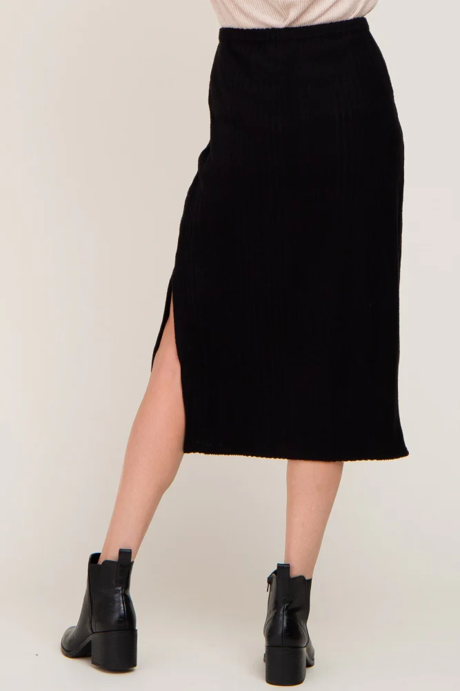 Black Soft Knit Ribbed Side Slit Midi Skirt - Image 4