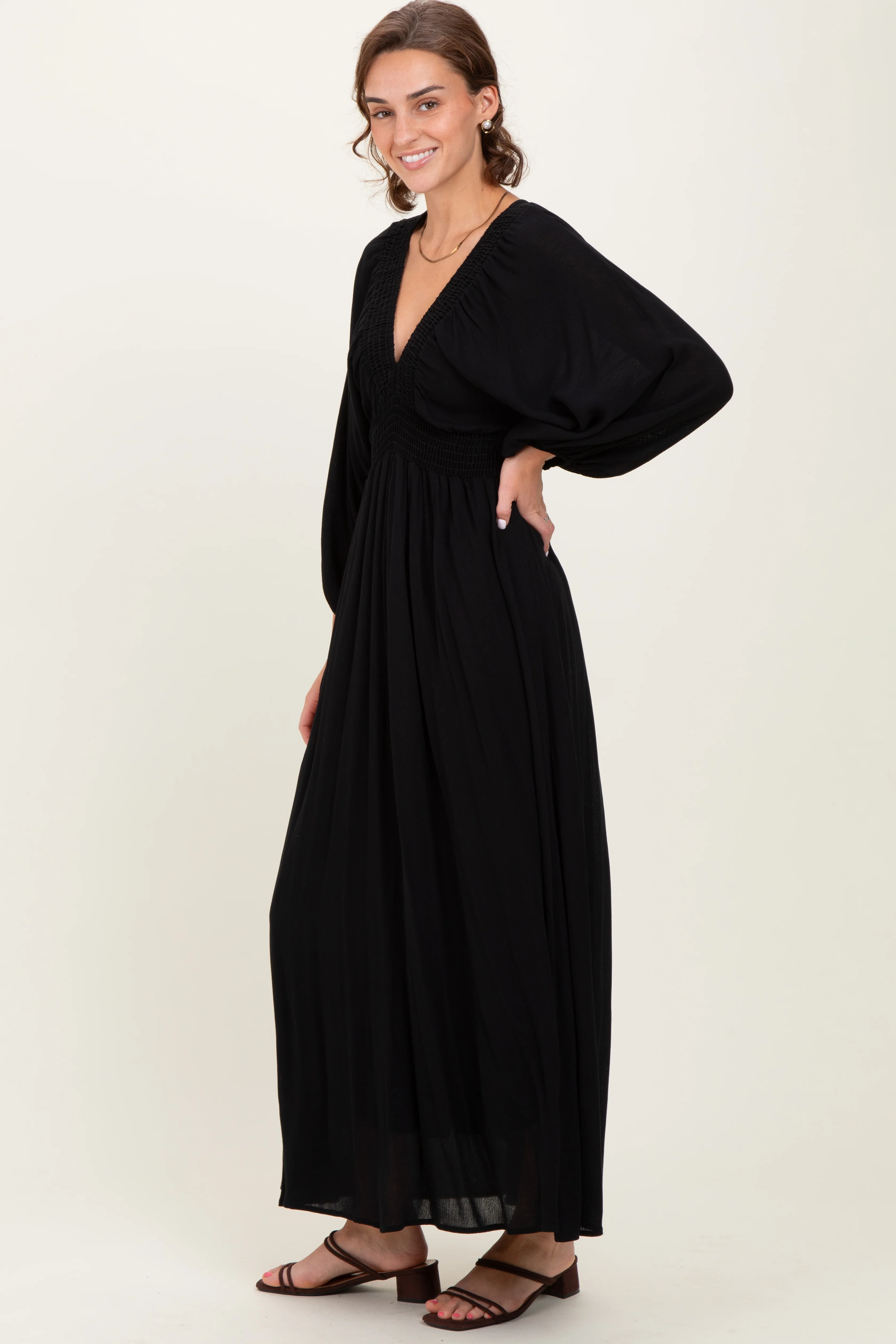 Black Solid Long Sleeve V-Neck Smocked Detail Maxi Dress - Image 3