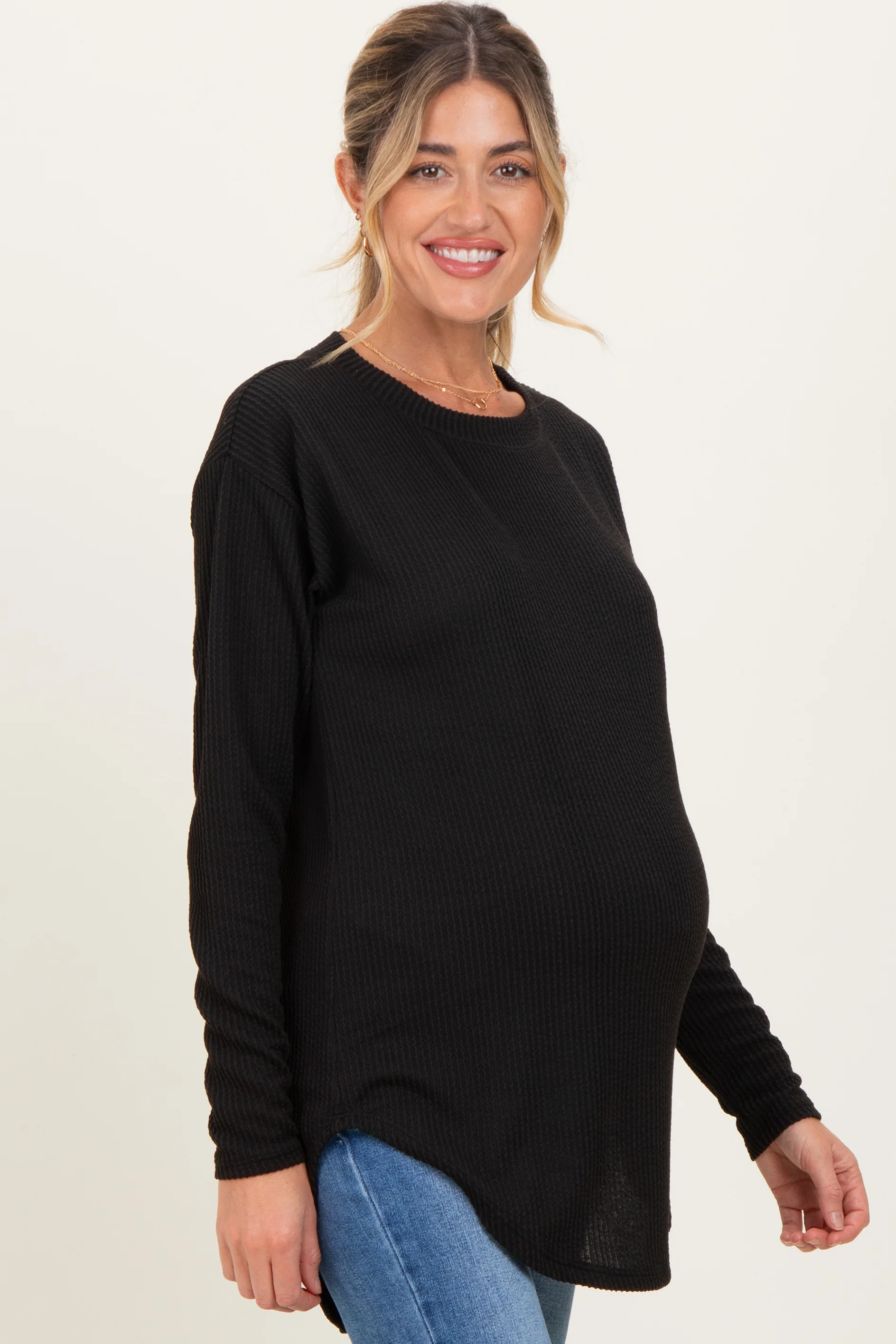 Black Solid Ribbed Long Sleeve Maternity Tunic Top - Image 3