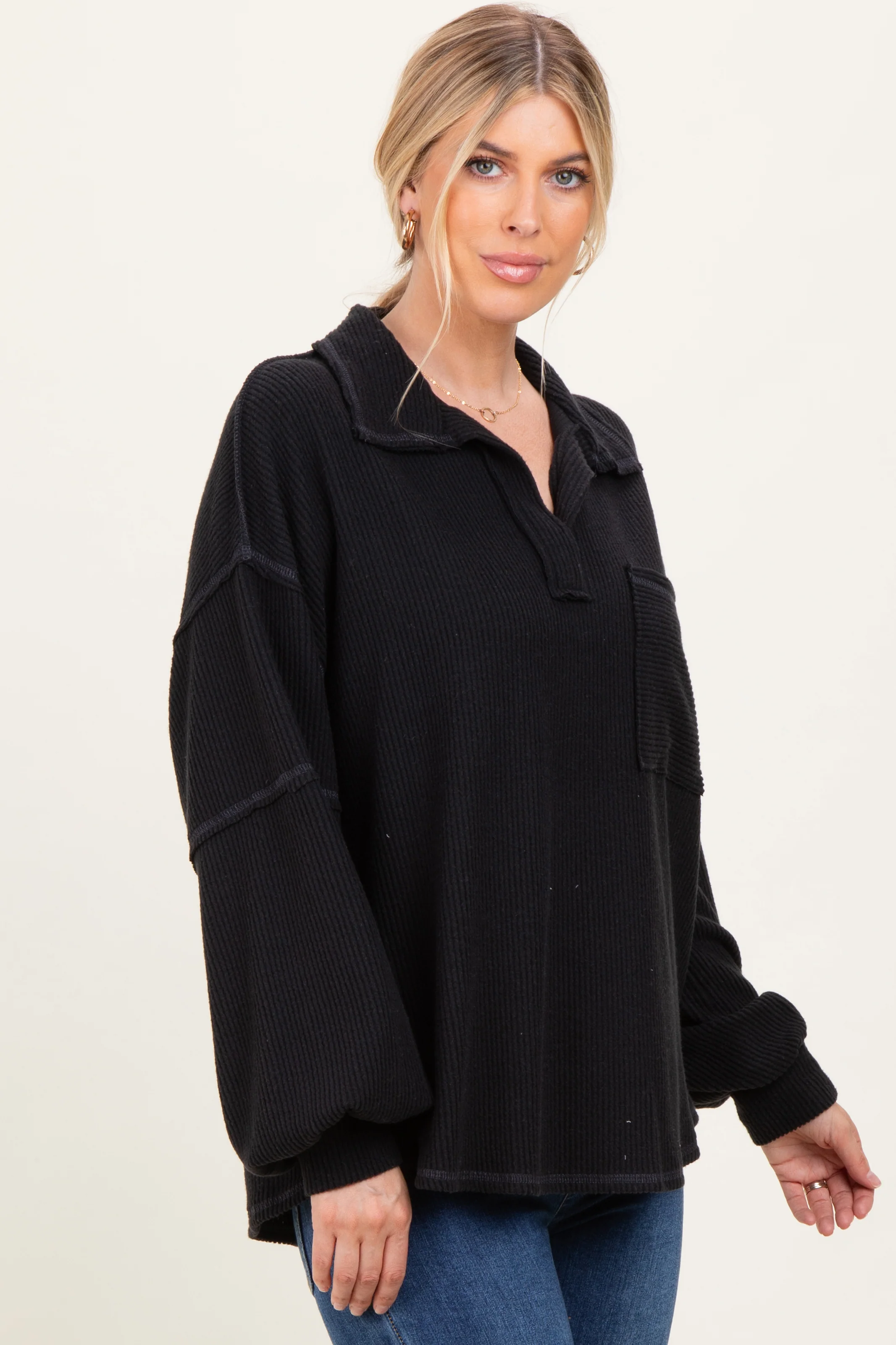 Black Solid Ribbed Long Sleeve Pocketed Collared V-Neck Top - Image 3