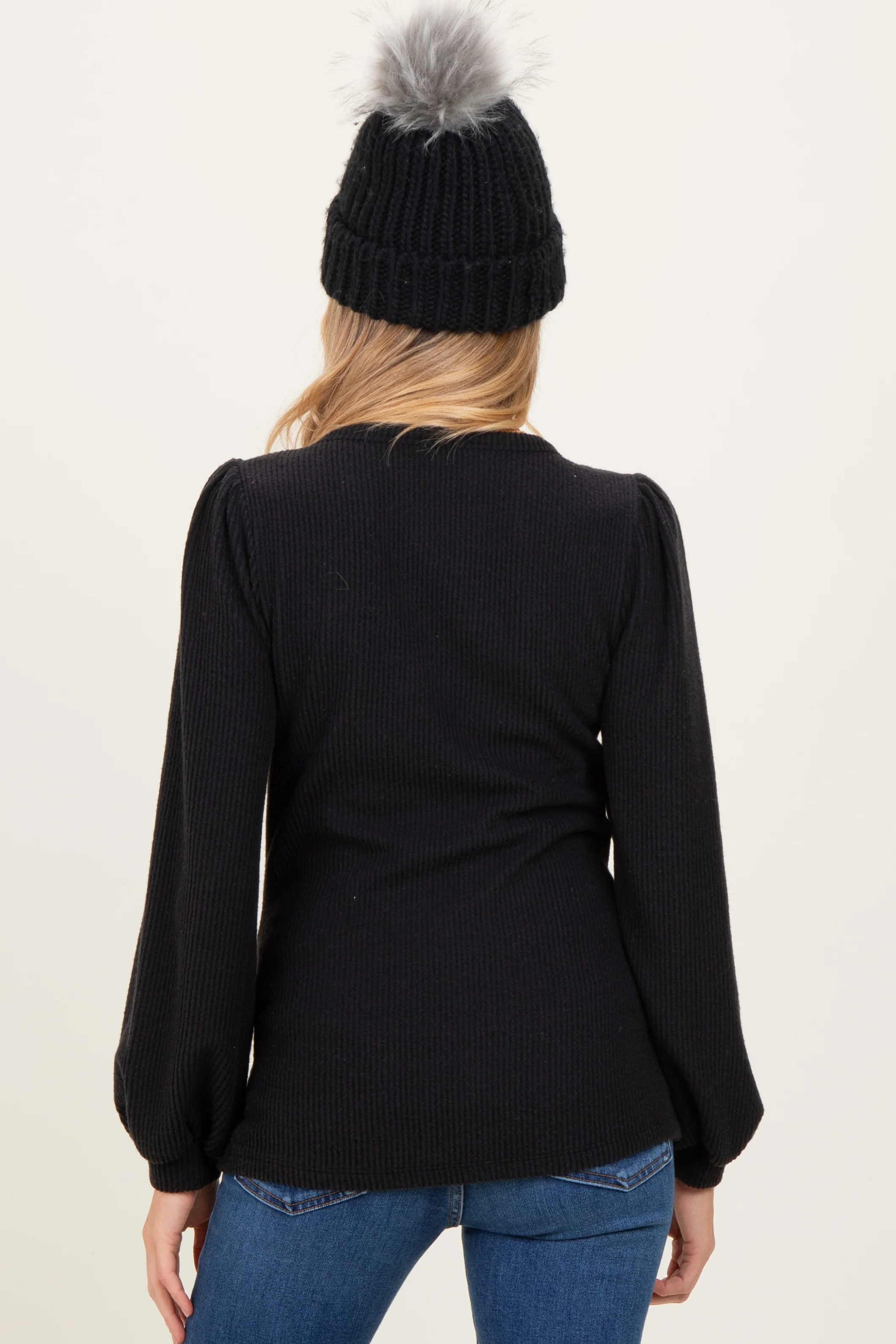 Black Solid Ribbed Long Sleeve V-Neck Maternity Tunic Top - Image 3