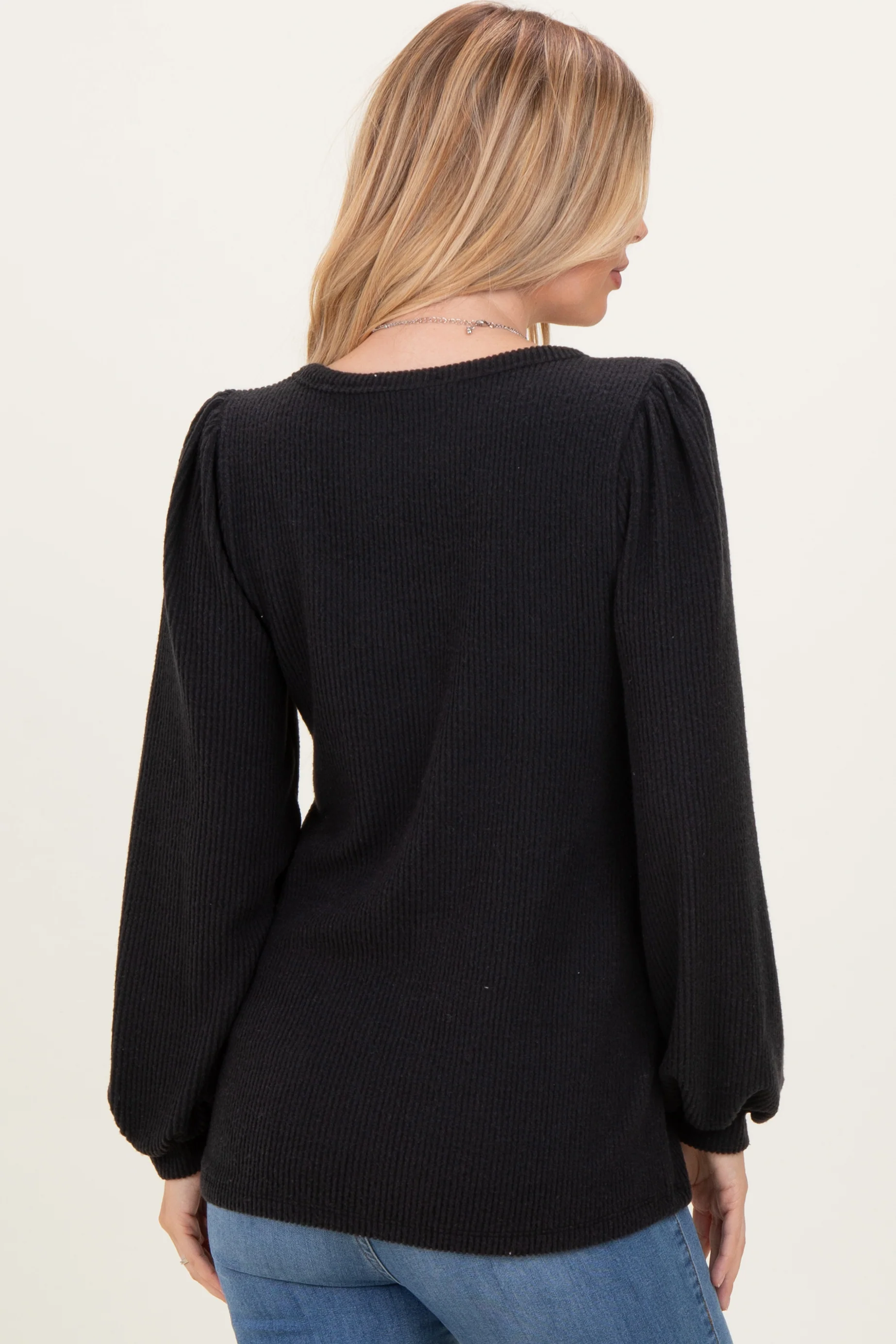 Black Solid Ribbed Long Sleeve V-Neck Tunic Top - Image 4