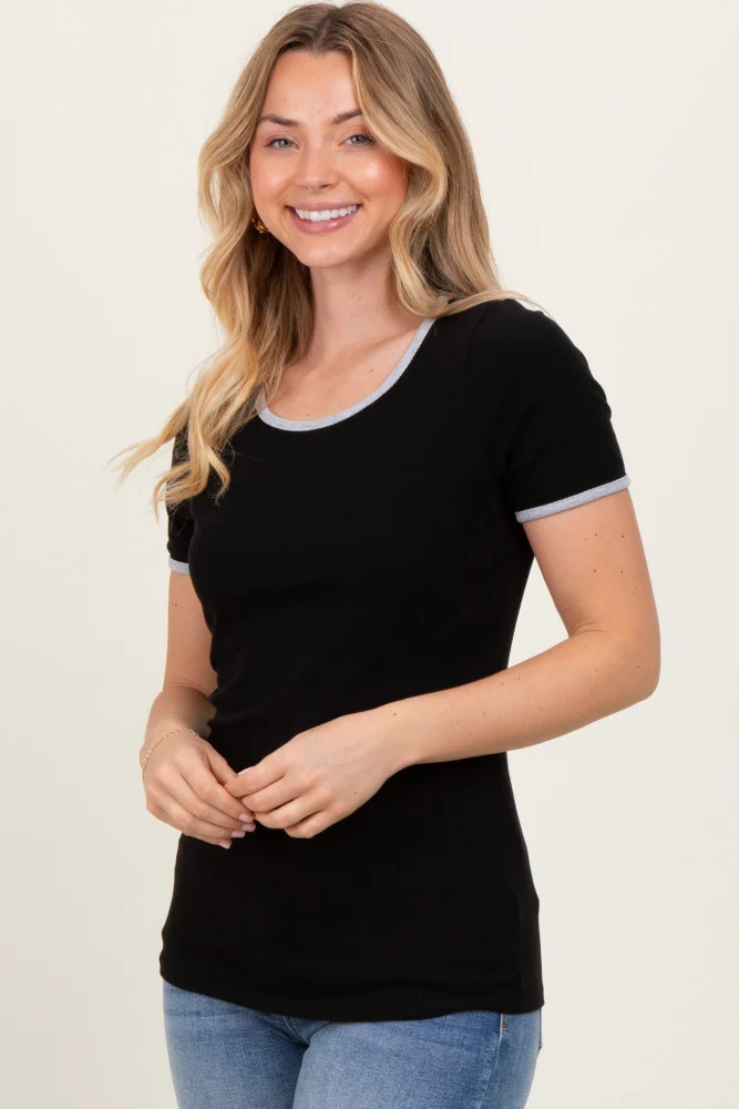 Black Solid Ribbed Short Sleeve Basic Top - Image 3