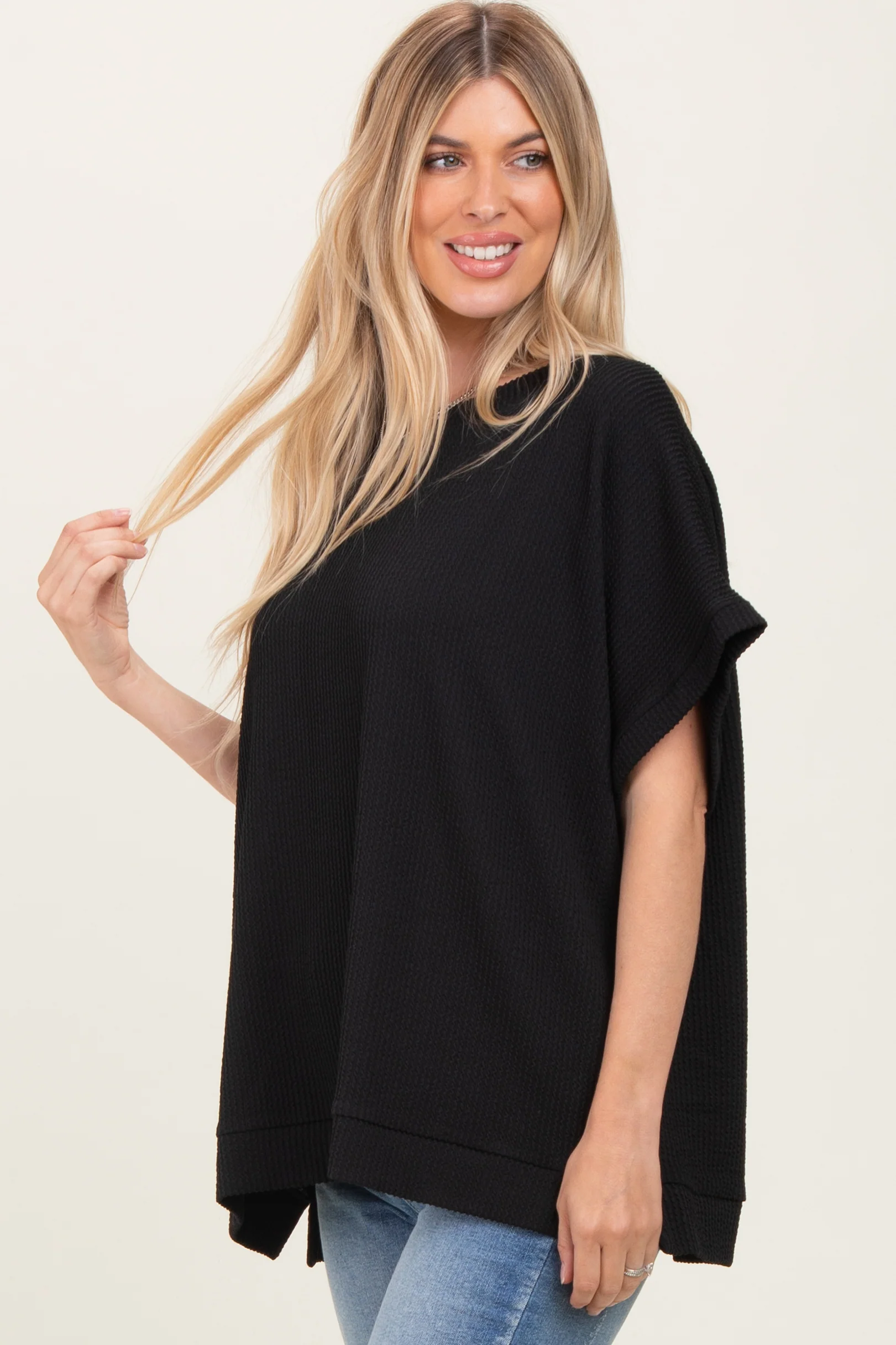 Black Solid Ribbed Short Sleeve Oversized Tunic Top - Image 3