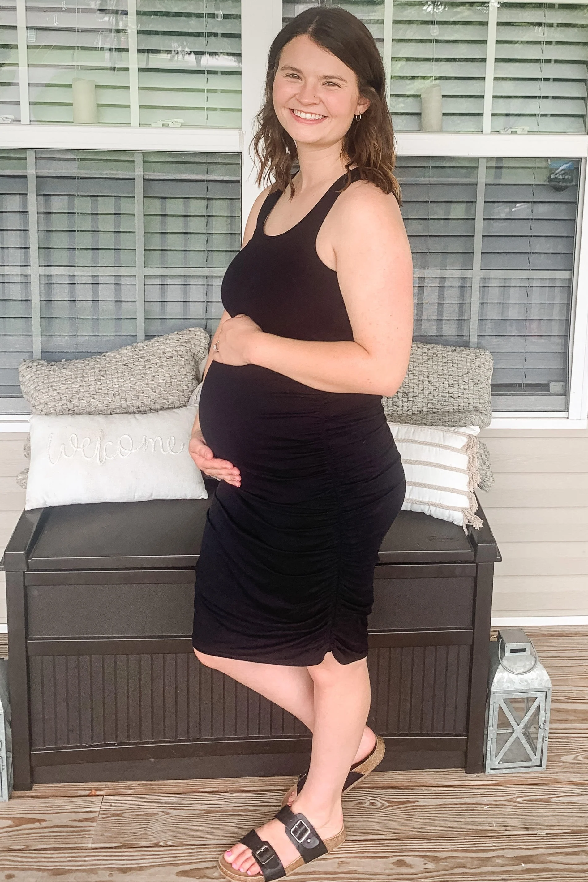 Black Solid Ruched Fitted Maternity Bodycon Midi Dress - Image 5