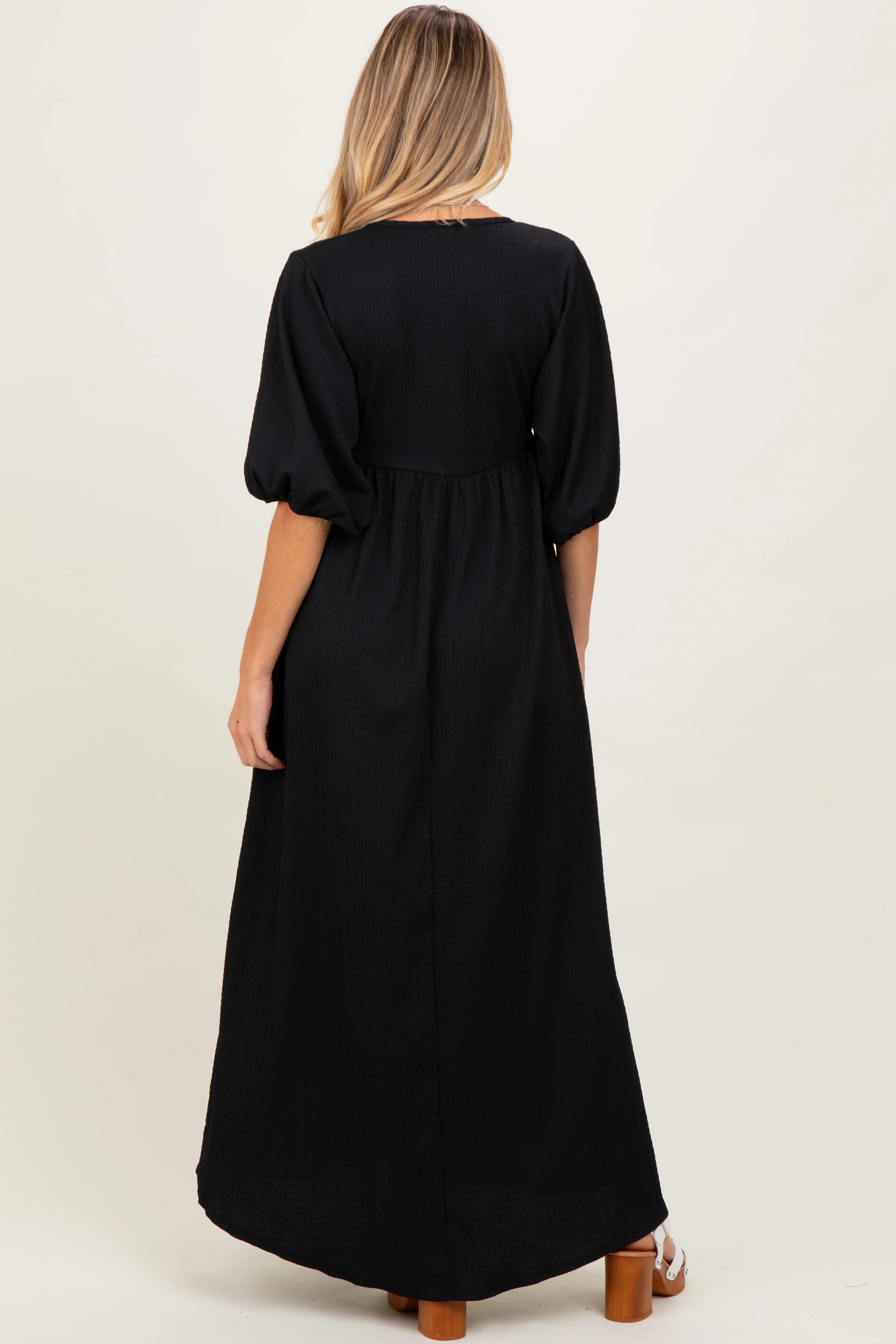 Black Solid Woven 3/4 Sleeve V-Neck Button Down Maternity Maxi Dress - Image 4