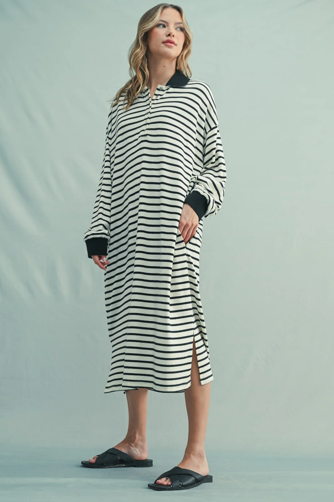 Black Stripe Snap Button Long Sleeve Midi Dress - Image 3