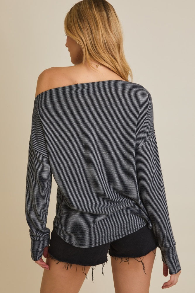 Black Striped Boat Neck Long Sleeve Top - Image 3