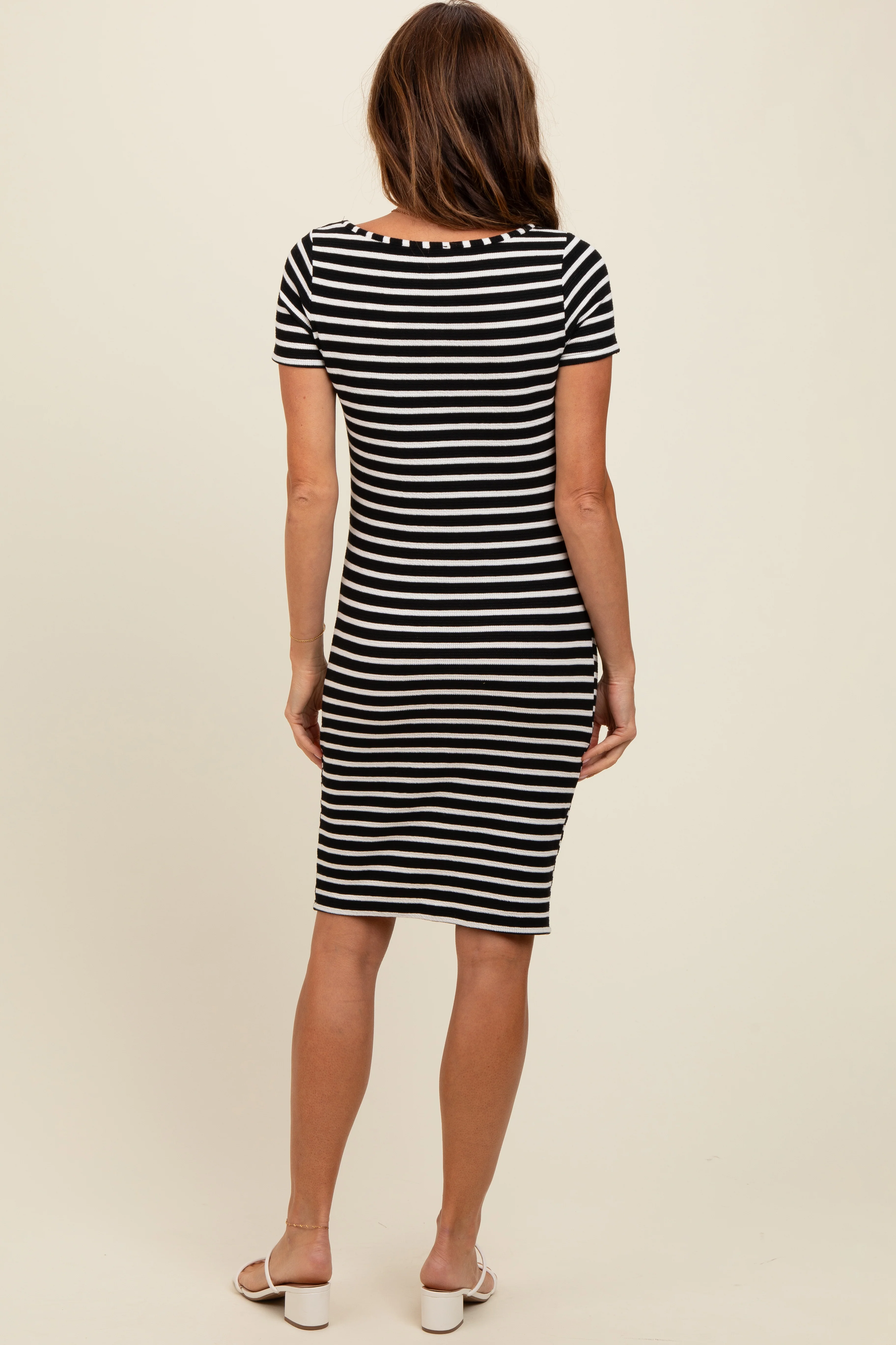Black Striped Boat Neck Ruched Dress - Image 3