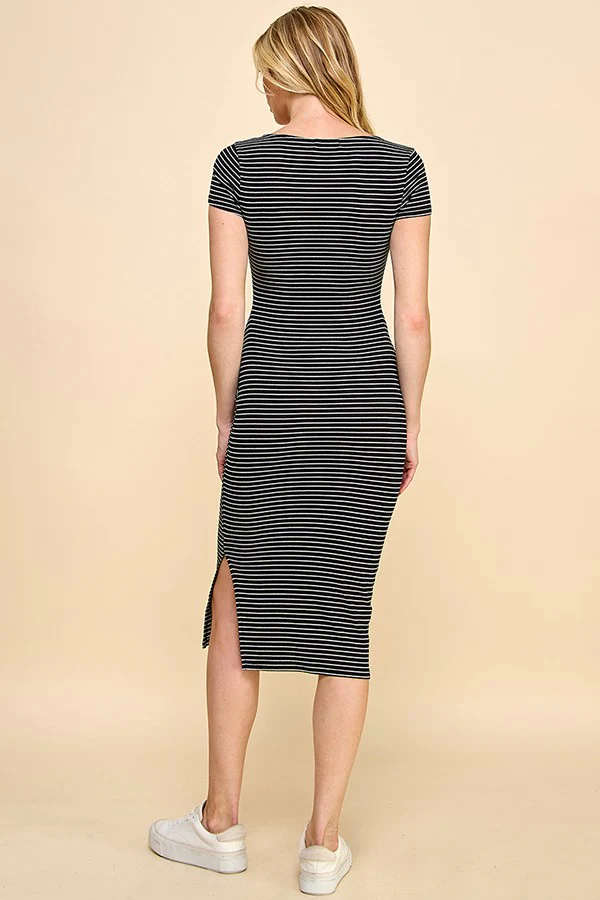 Black Striped Button Square Neck Dress - Image 3