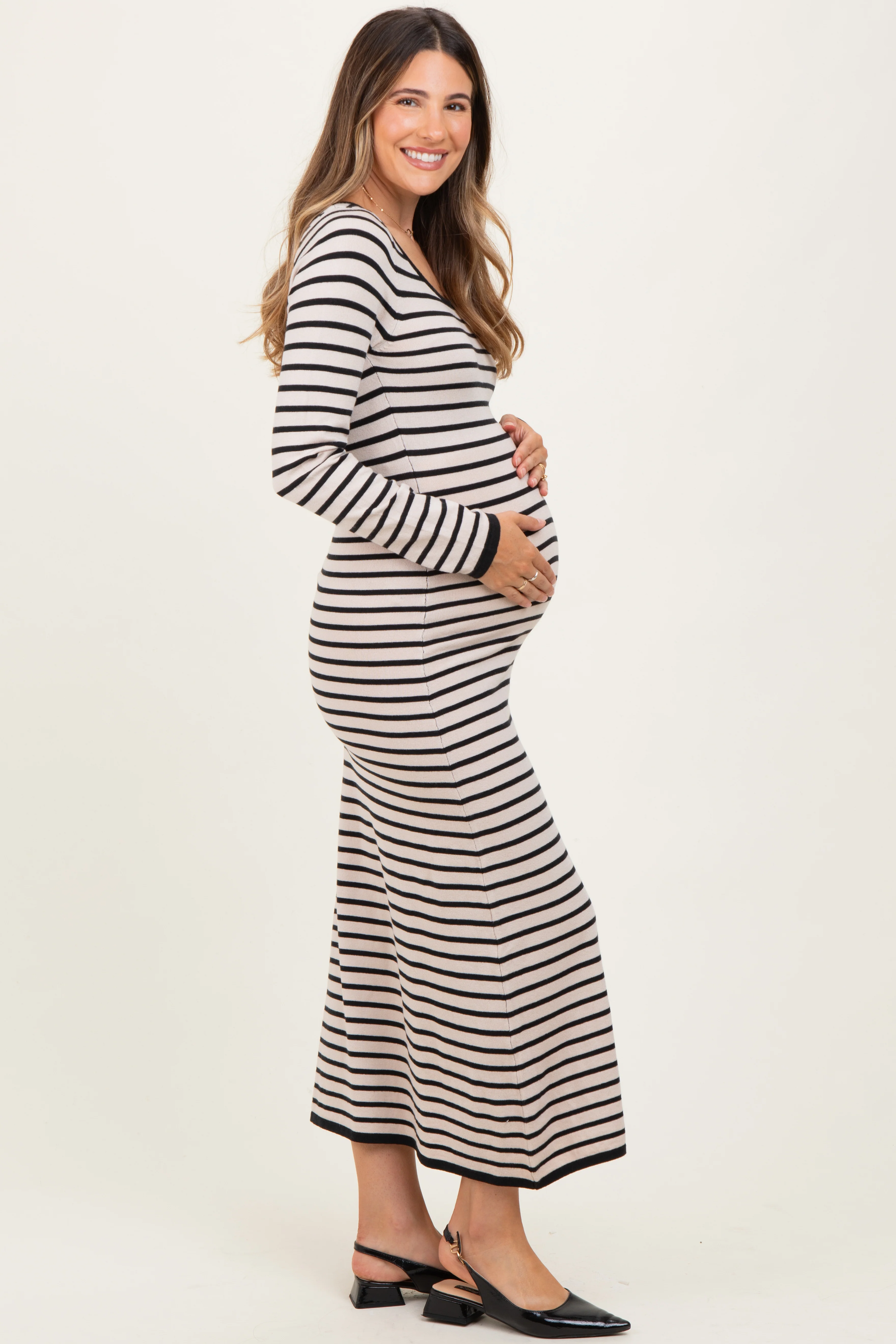 Black Striped Cutout Long Sleeve Maternity Maxi Dress - Image 3