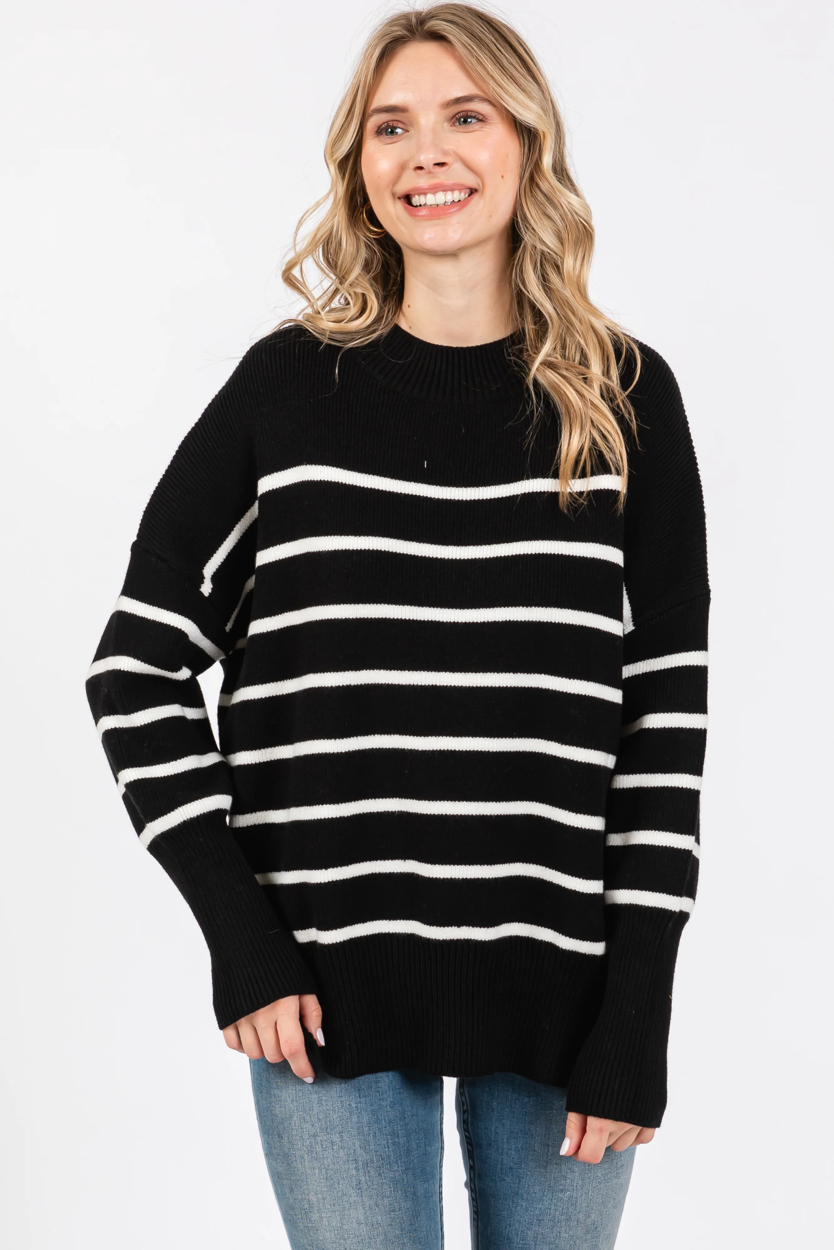 Black Striped Drop Shoulder Maternity Sweater - Image 5