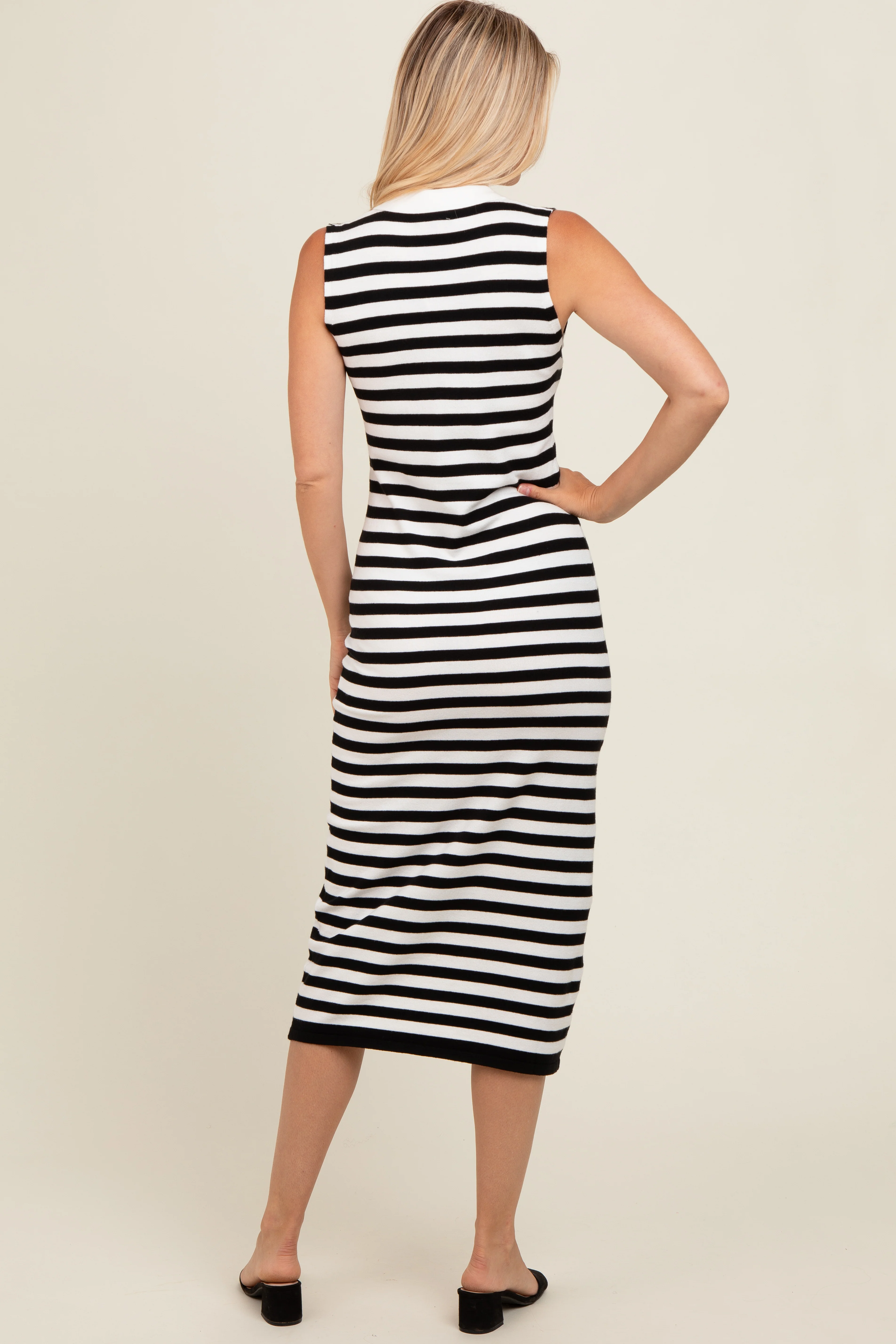 Black Striped Fitted Polo Midi Dress - Image 4