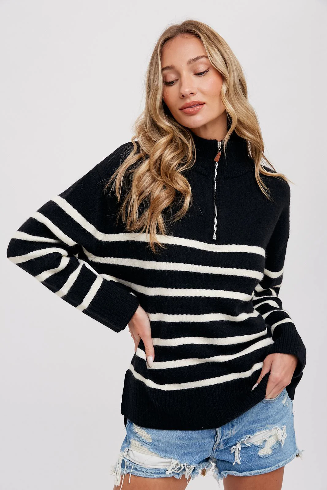 Black Striped Half Zip Maternity Sweater - Image 7