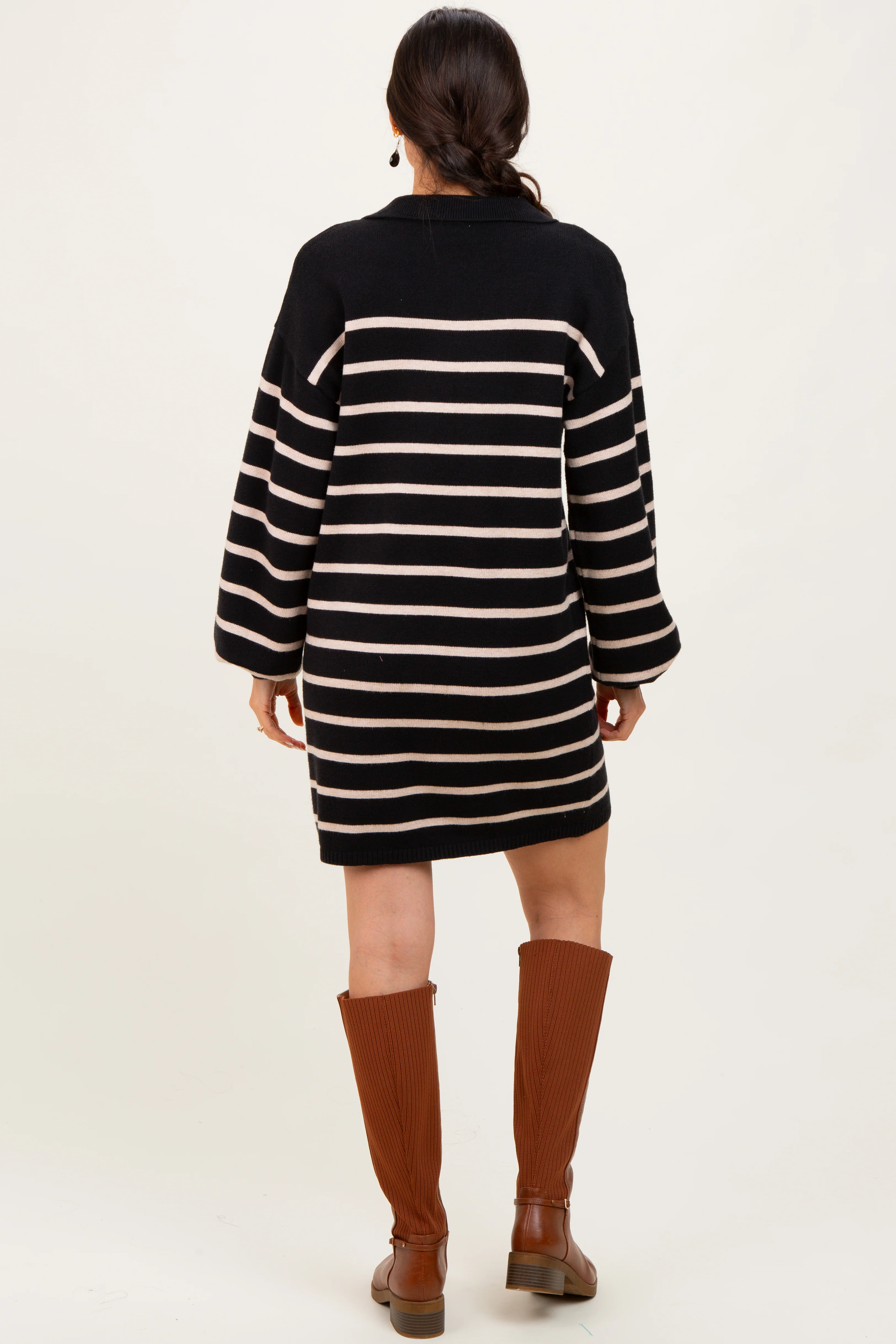 Black Striped Knit Polo Sweater Dress - Image 4