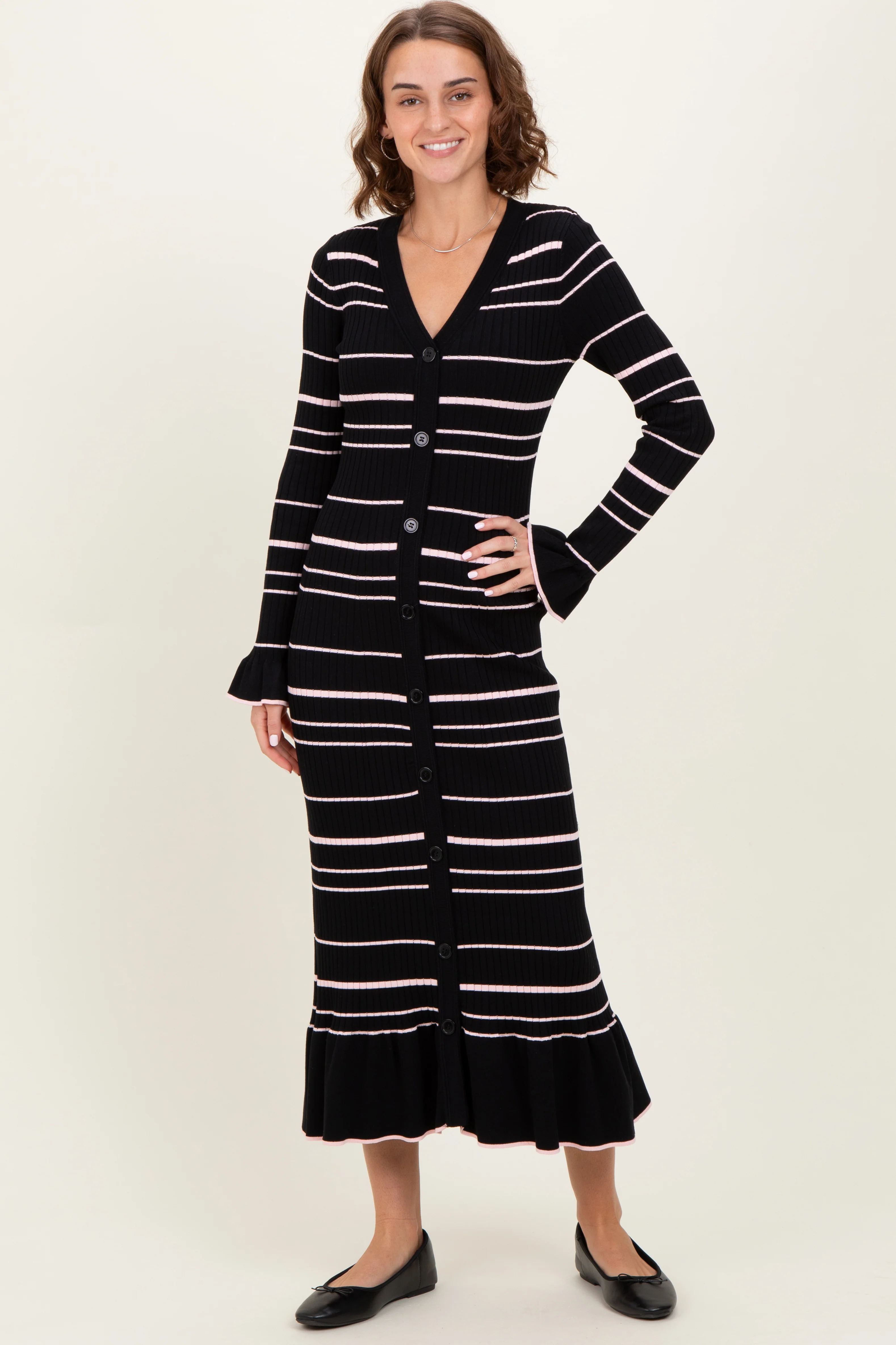 Black Striped Knit Ruffle Hem Button Down Maternity Midi Dress - Image 5