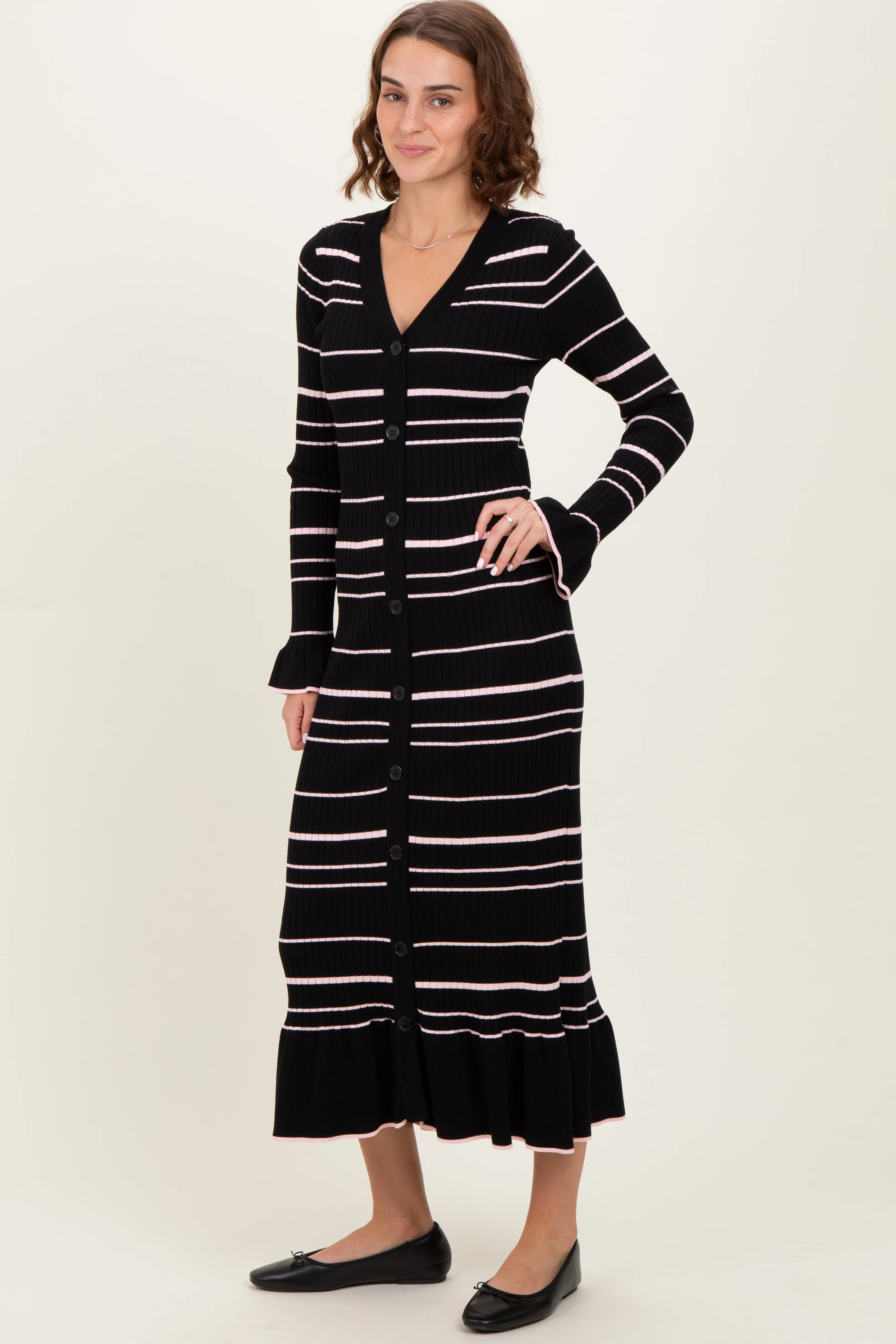 Black Striped Knit Ruffle Hem Button Down Midi Dress - Image 3