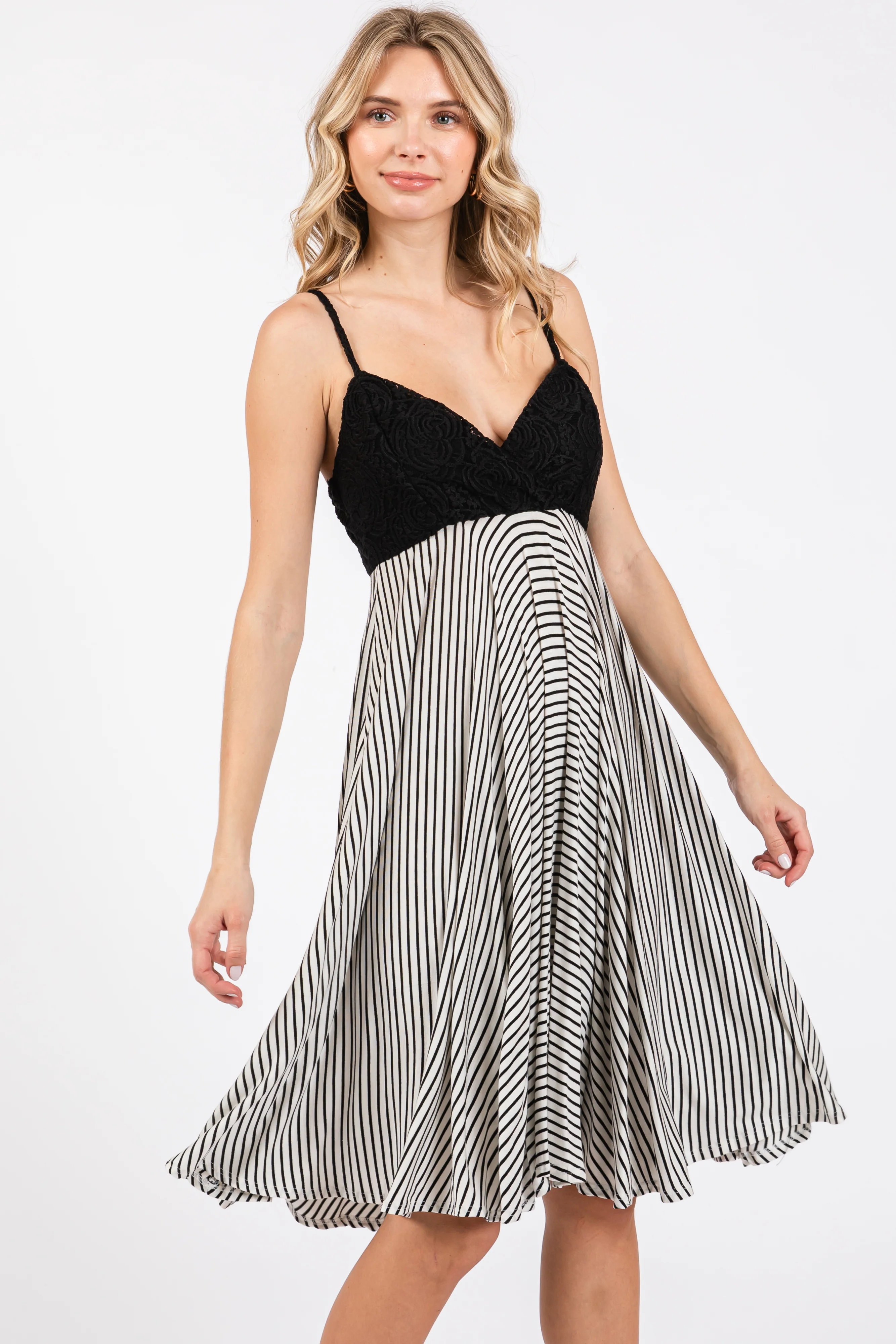 Black Striped Lace V-Neck Dress - Image 3