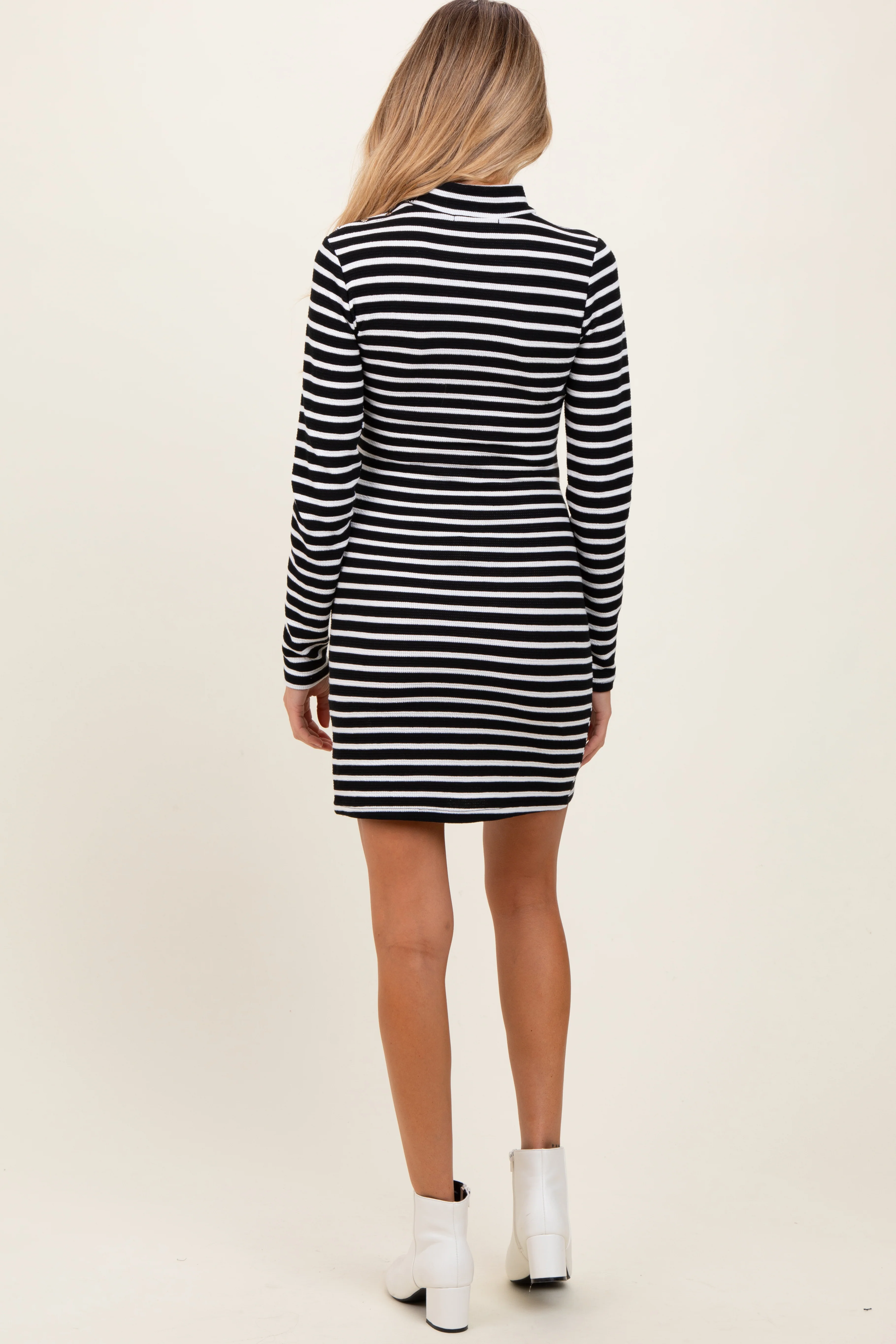 Black Striped Mock Neck Long Sleeve Maternity Fitted Dress - Image 4