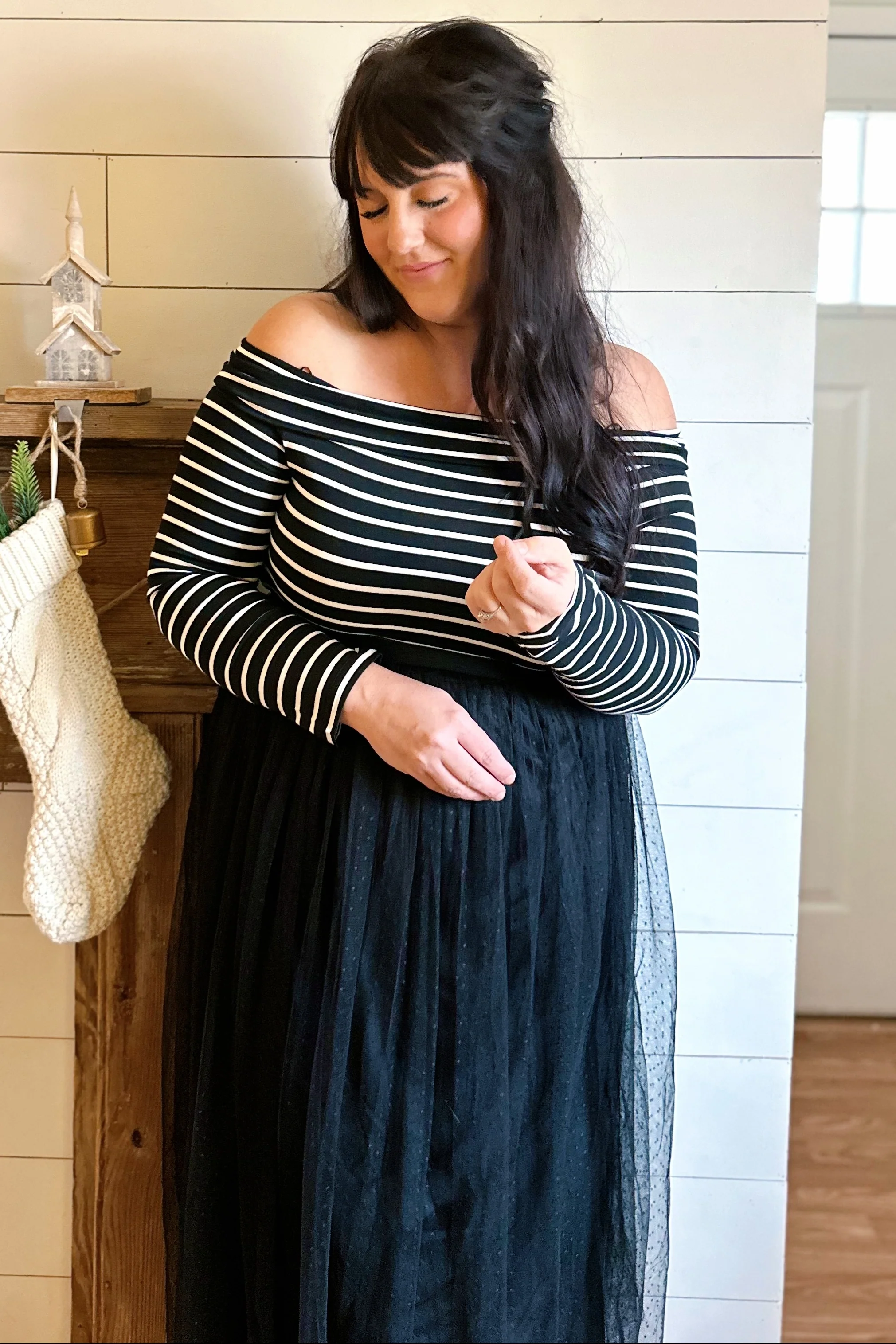 Black Striped Off Shoulder Contrast Knit Mesh Maternity Maxi Dress - Image 4