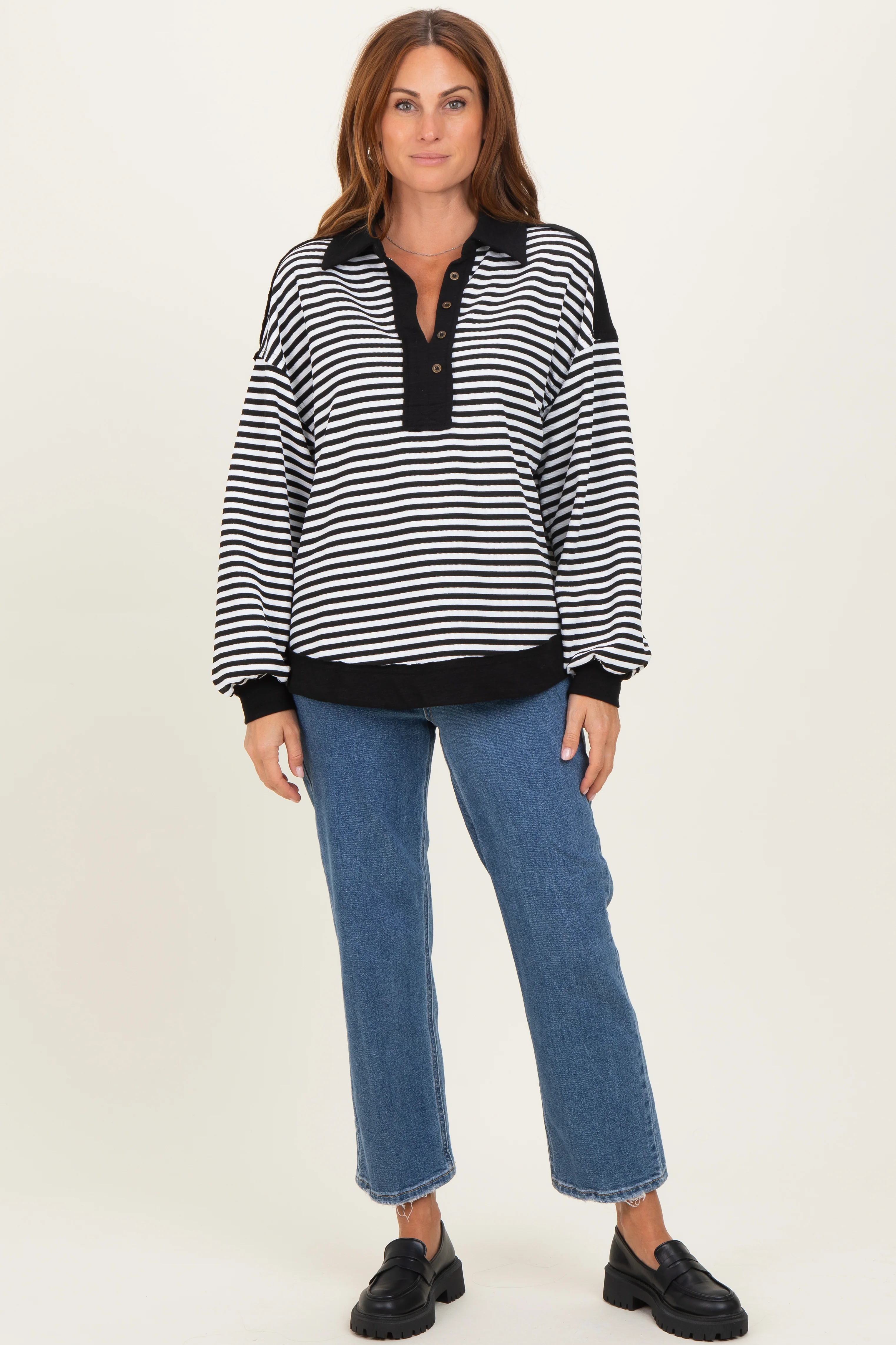 Black Striped Oversized Collared Pullover Top - Image 2