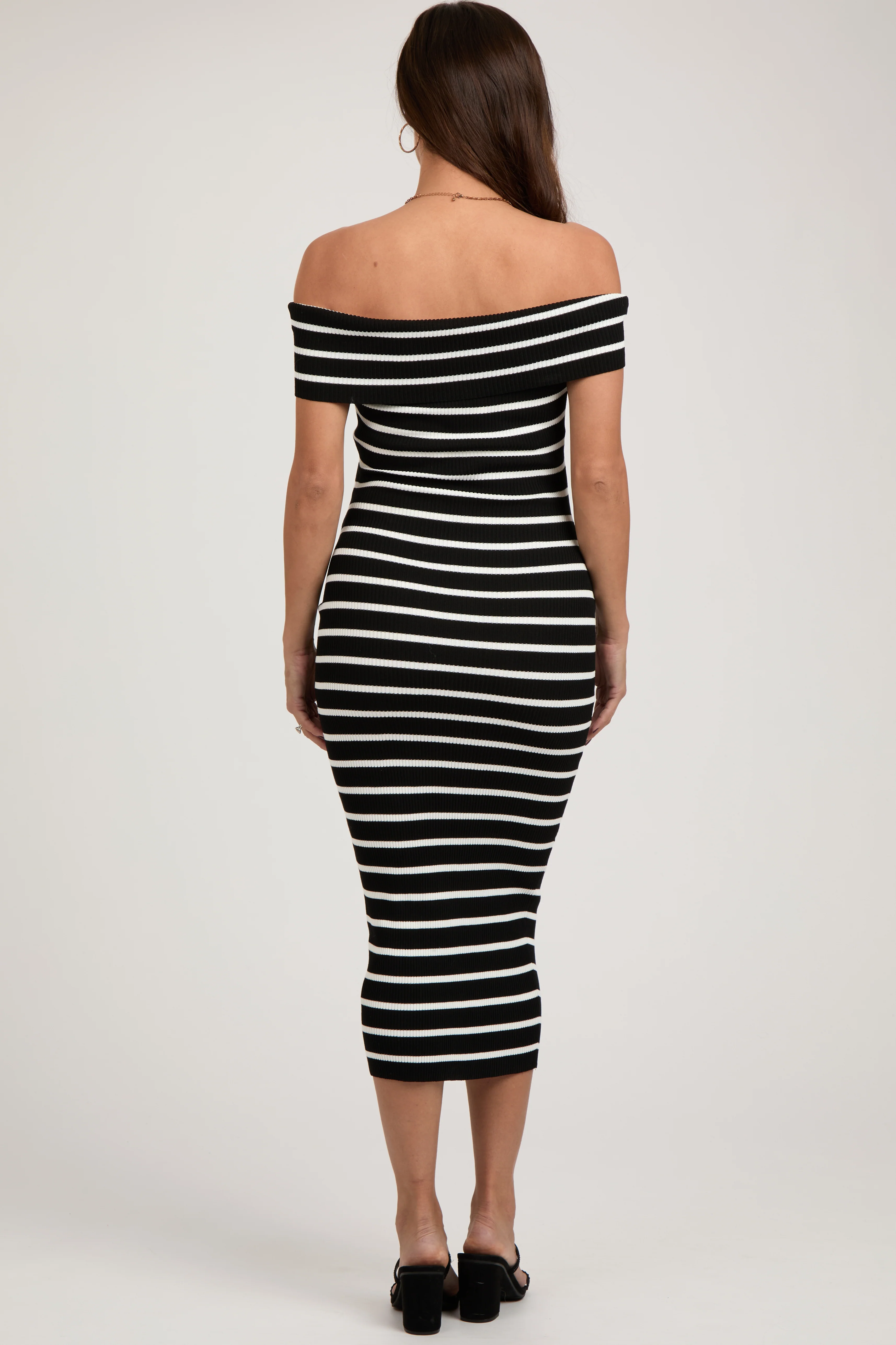 Black Striped Ribbed Off Shoulder Maternity Midi Dress - Image 3